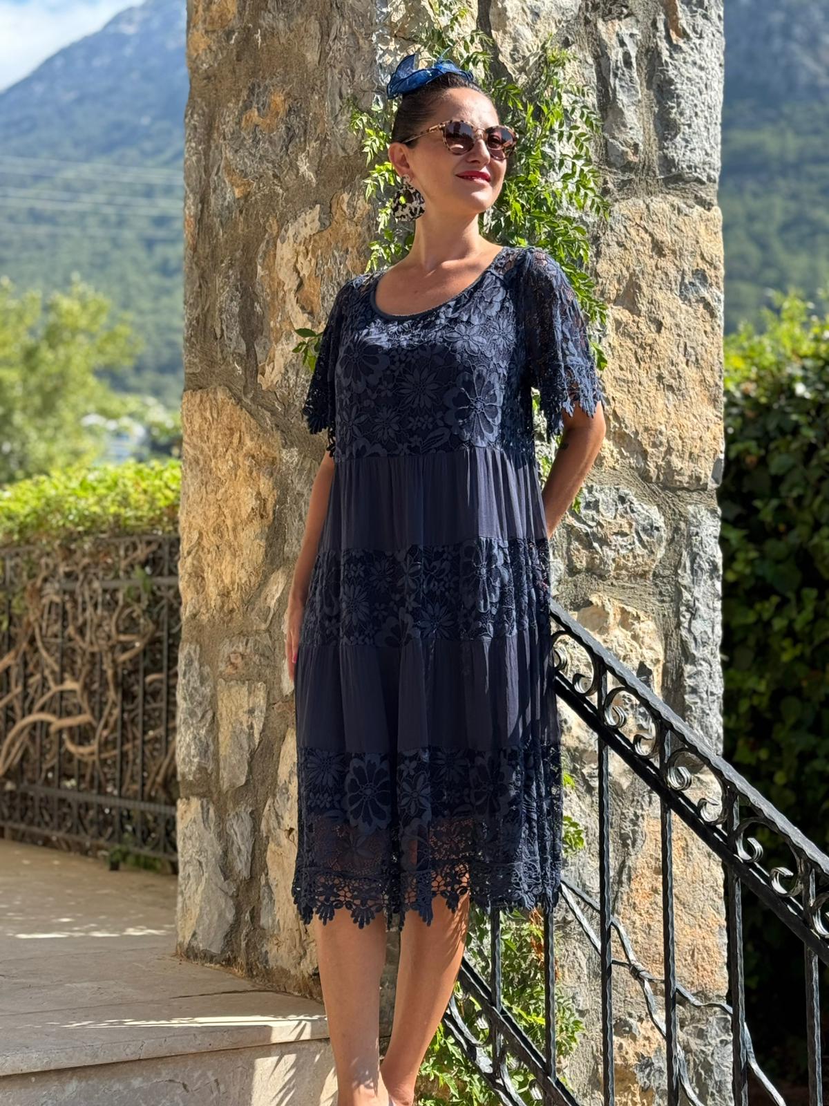 NCC10337 İtalyan İpek Elbise Lacivert