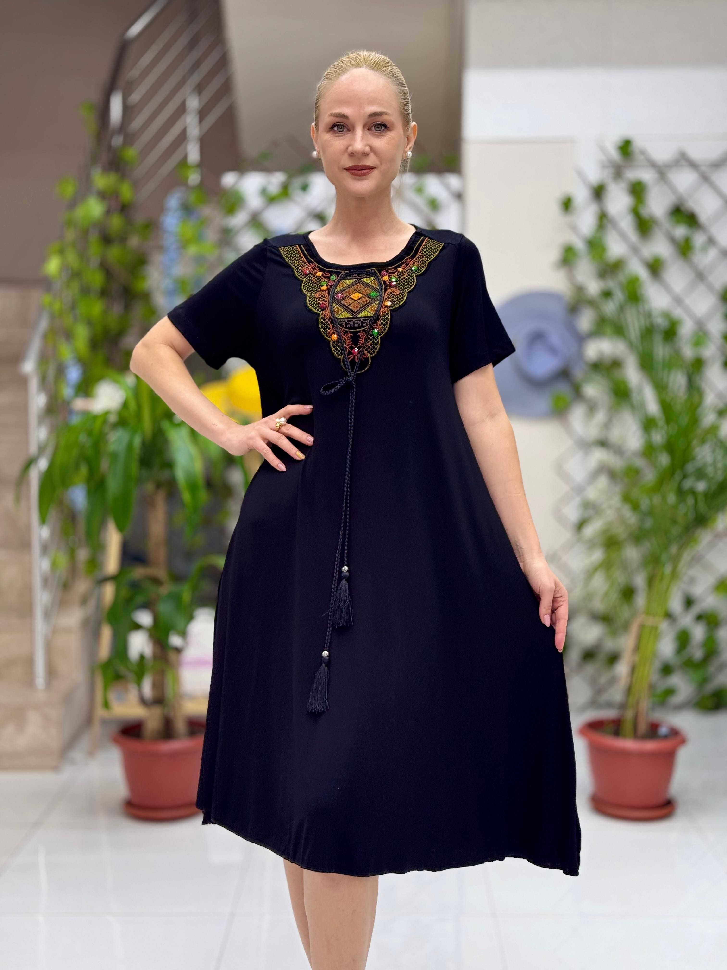 A6340 Vestido Algodón Peinado Negro Amarillo