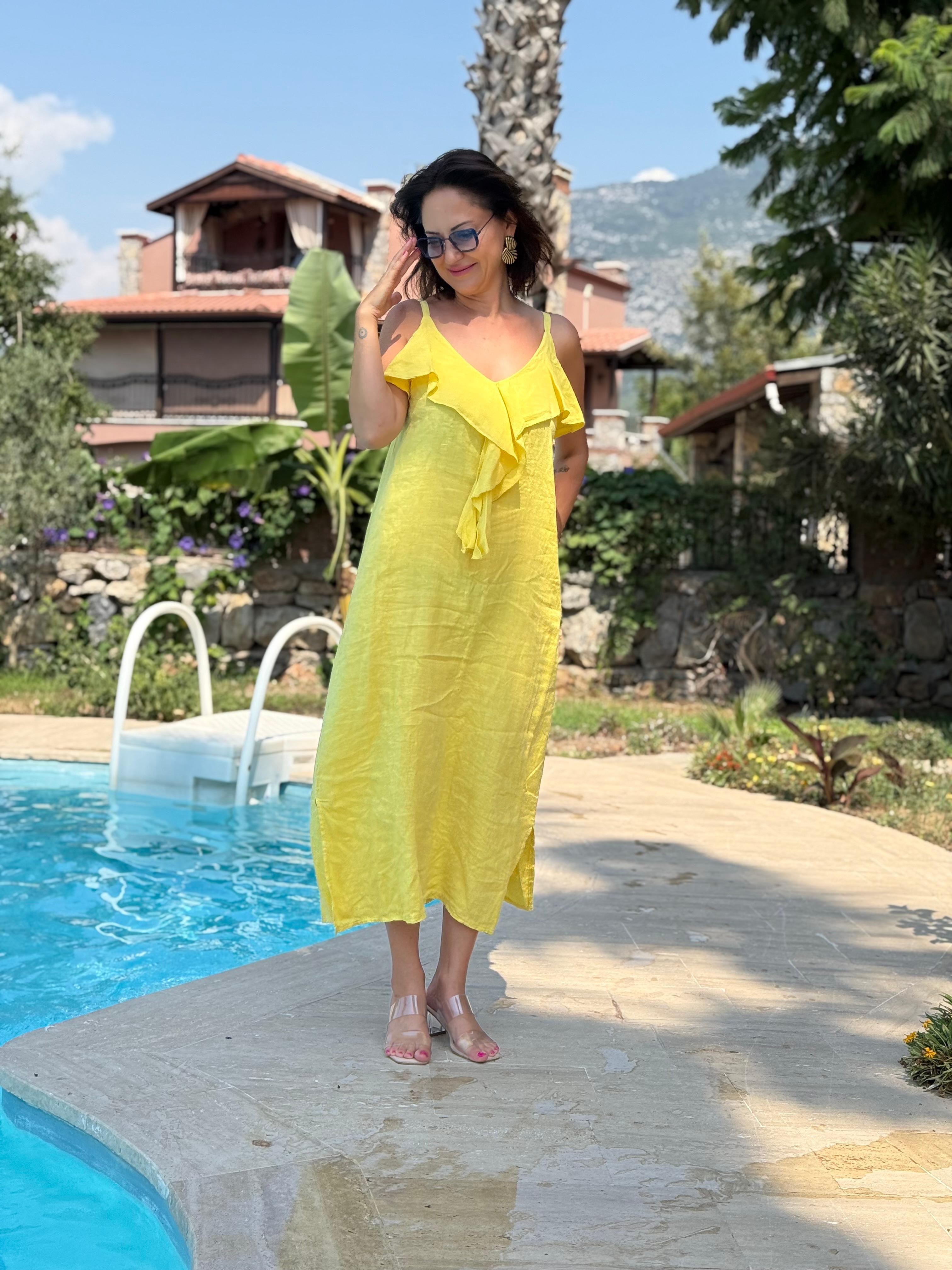 NC2132 İp Askılı Keten Önü Fırfırlı İtalyan Elbise Sarı