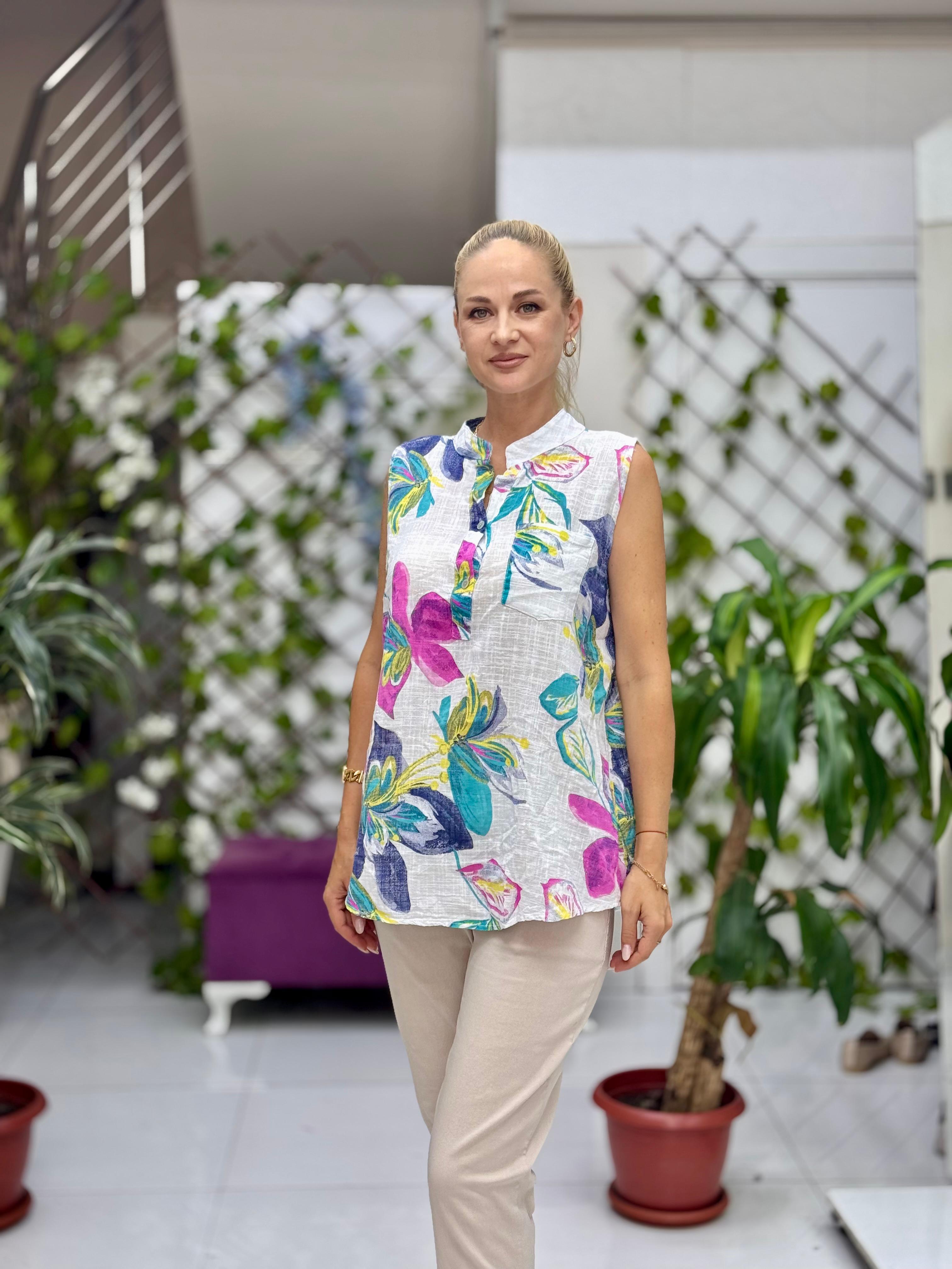 LS8819B Kolsuz Pamukketen Cepli İtalyan Bluz Beyaz