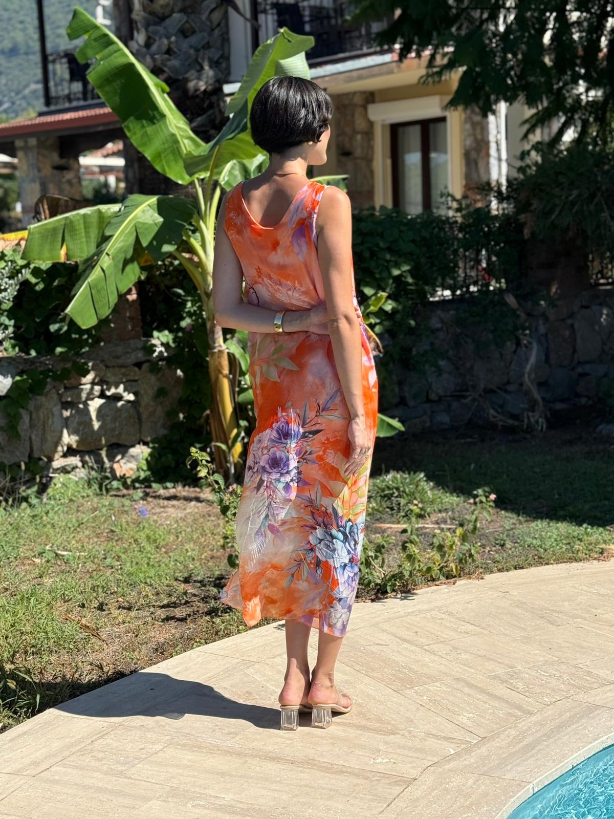 YG20641 İtalyan Çiçekli Askılı İpek Elbise Oranj