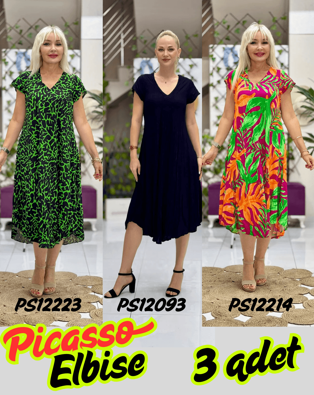 PS12093/12223/12214 3 adet Viskon Picasso Elbise