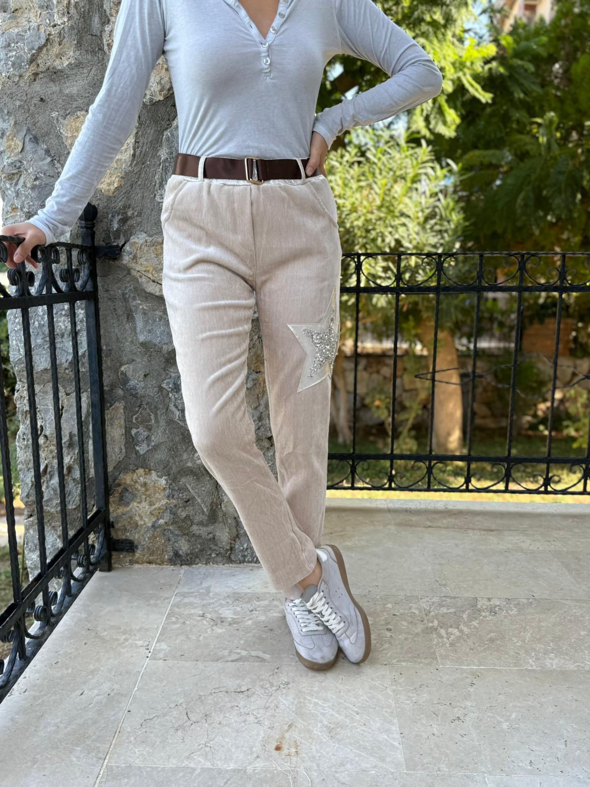 LS12520 İtalyan Yıldız Taşlı Kadife Pantolon Krem