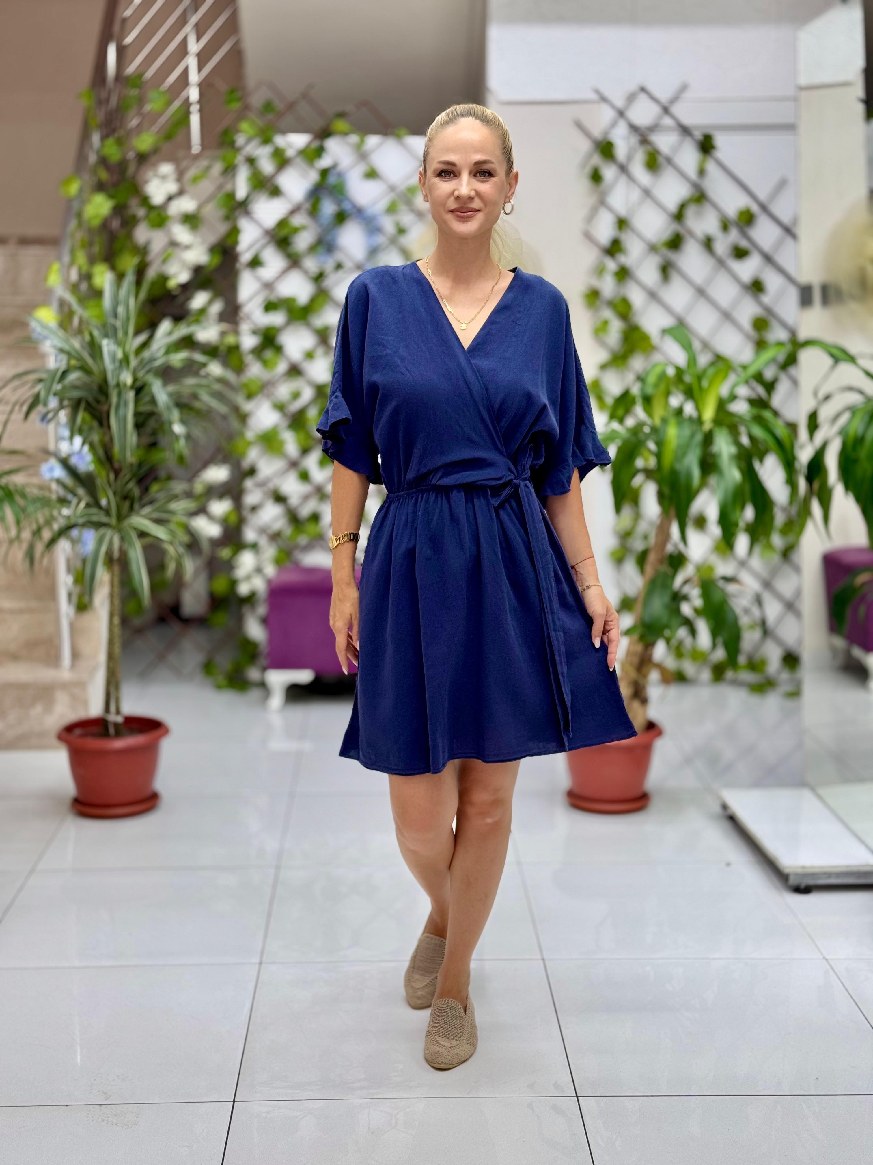 PT25070 Coton Mini Belden Bağlamalı Anvelop Elbise Lacivert
