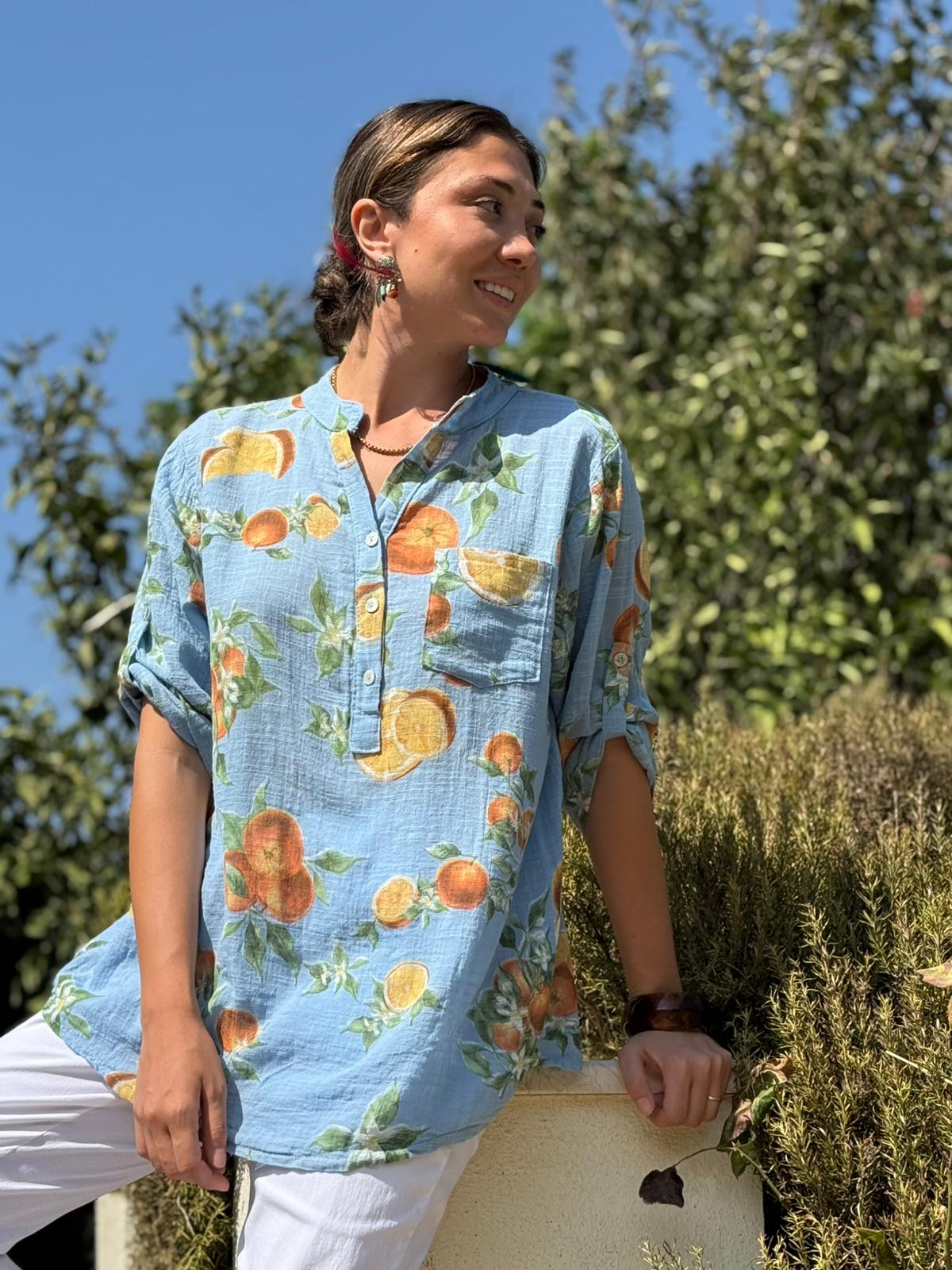 NC154553 İtalyan Pamuk Keten Bluz Mavi