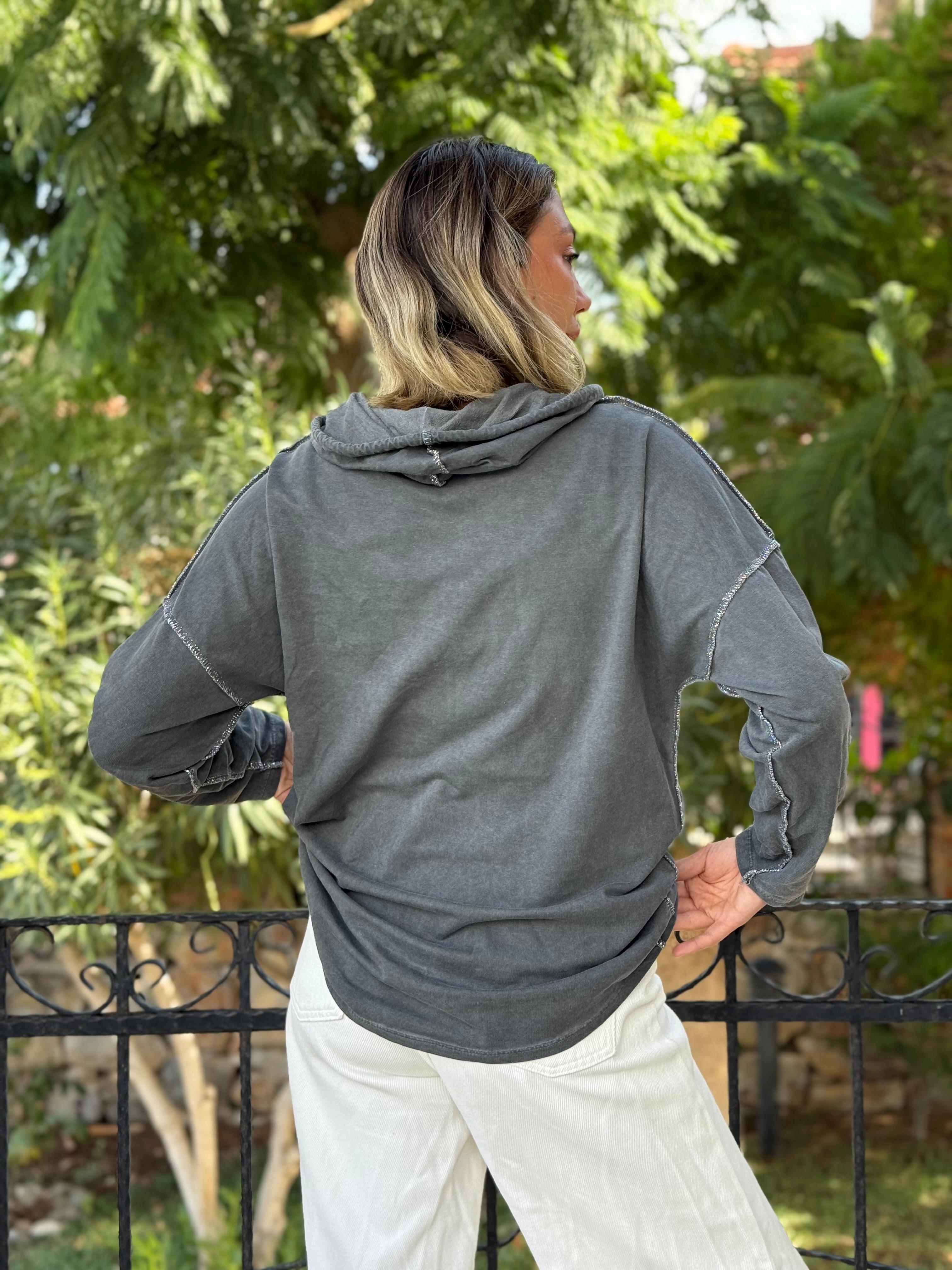 NC18533 İtalyan Joy Taşlı Kapüşonlu Coton Sweatshirt Gri