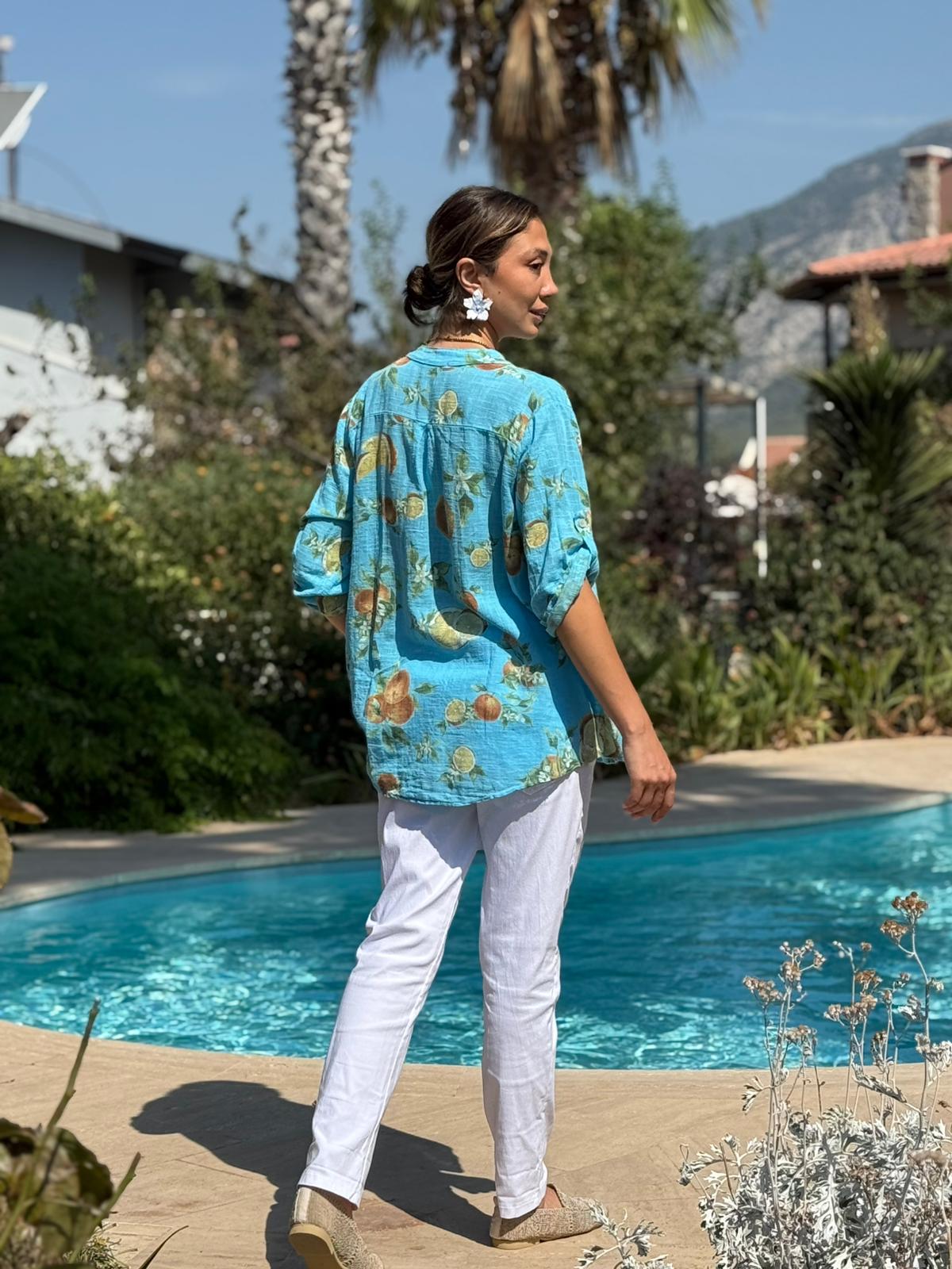 NC154553 İtalyan Pamuk Keten Bluz Turkuaz