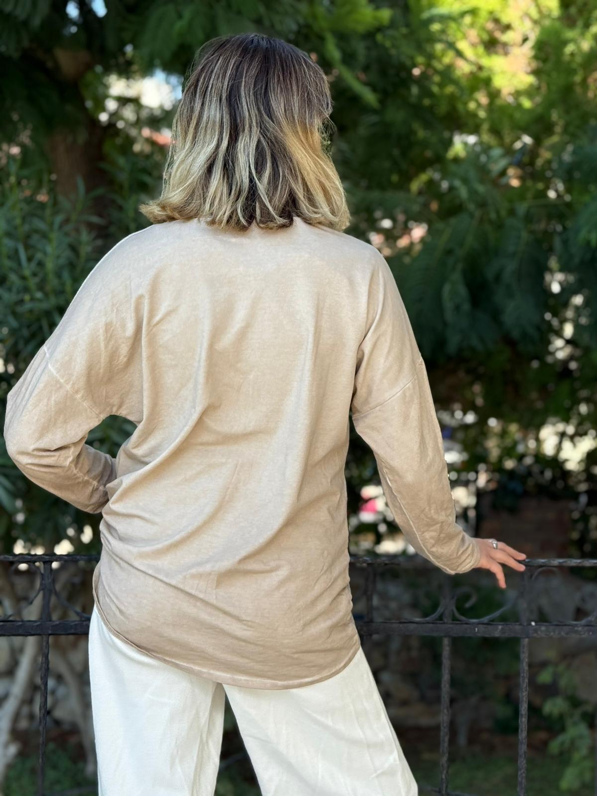 NC53761 İtalyan Yazılı Ve Taşlı Coton Sweatshirt Krem