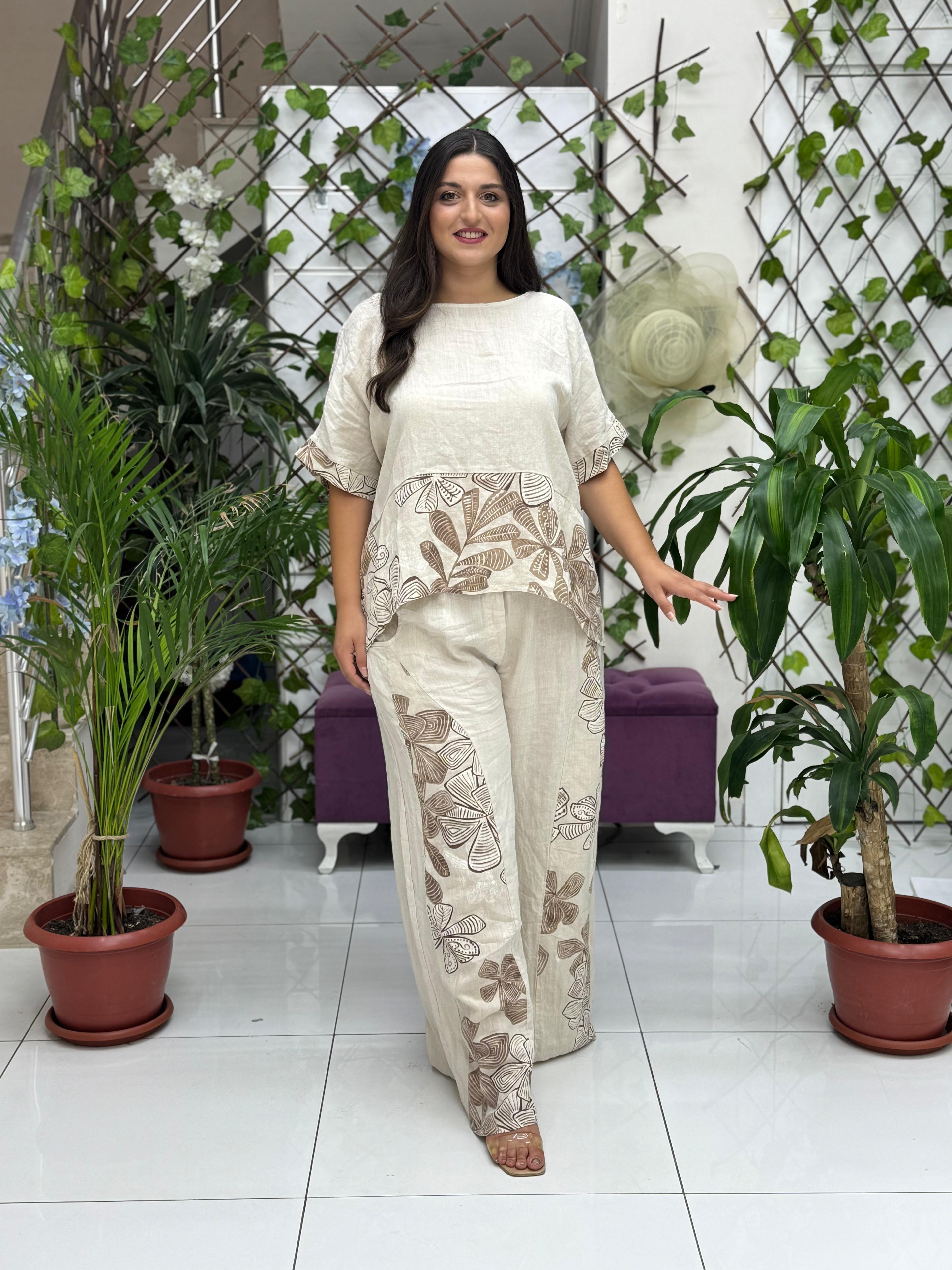 NC61253 İtalyan Çiçek Baskılı Keten Takım Krem