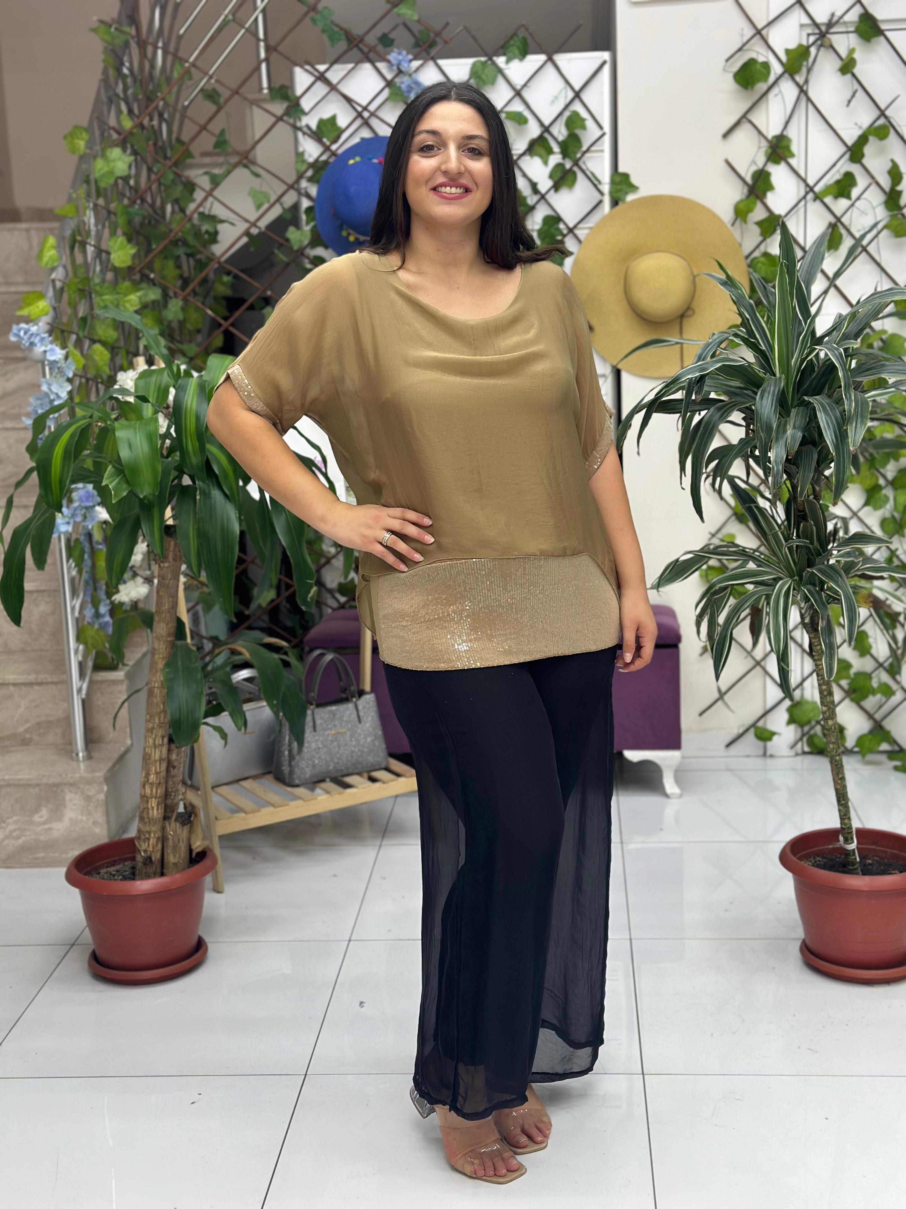 NC24841 İtalyan Pul Payetli İpek Bluz Camel
