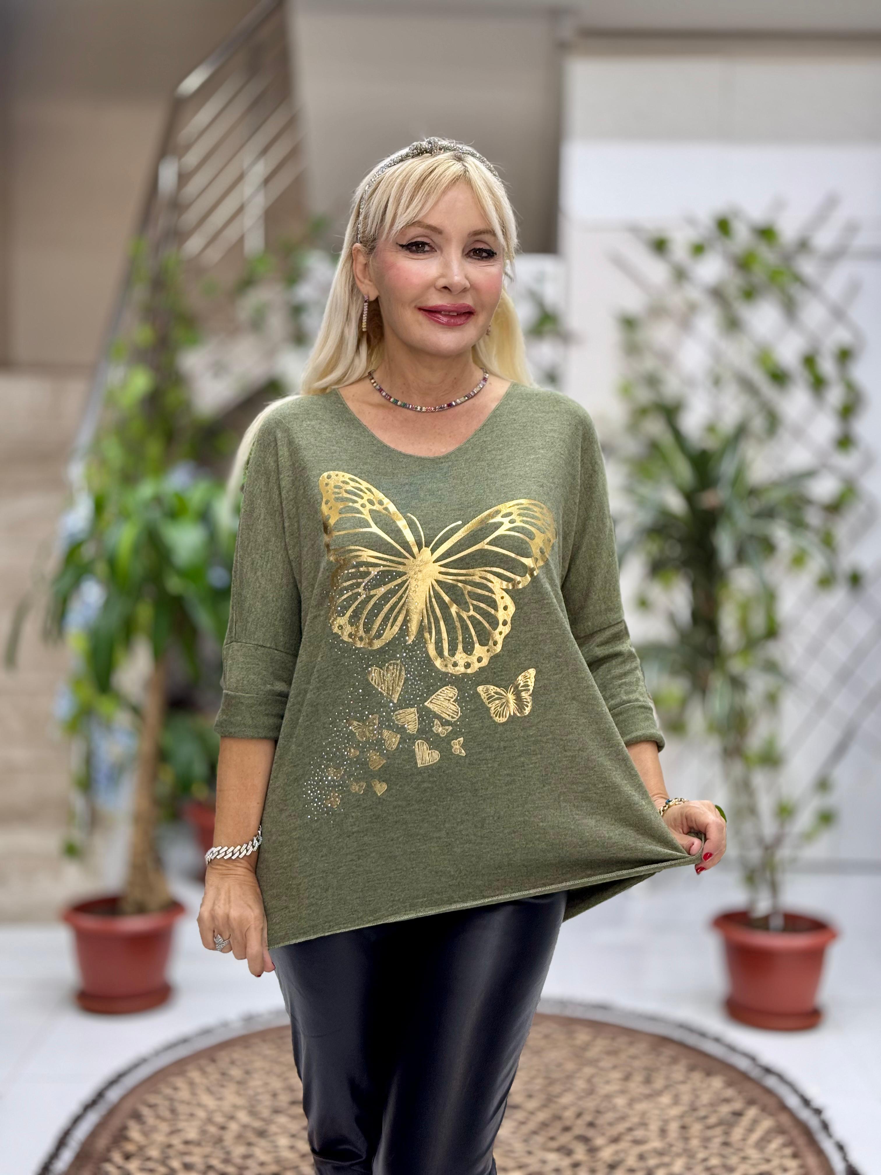 YG59100 İtalyan Taşlı ve Kelebek Baskılı Triko Bluz Haki