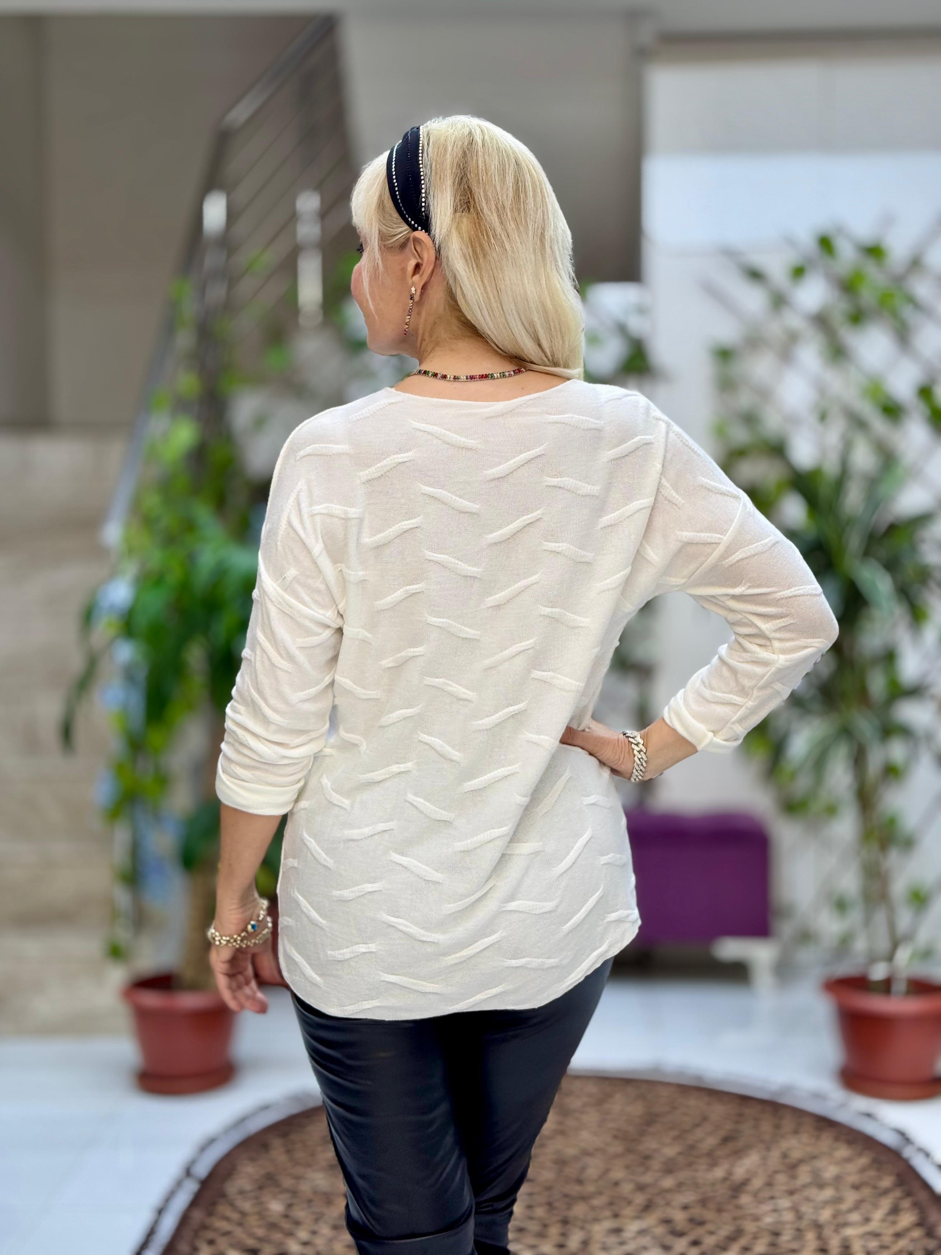 YG11716 Leopar Baskılı Kendinden Desenli İtalyan Triko Bluz Beyaz