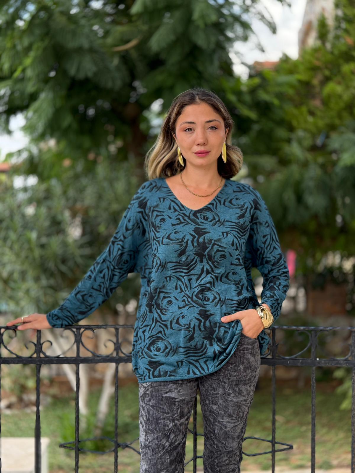 NC1128A İtalyan V Yaka Gül Desenli Triko Bluz Petrol