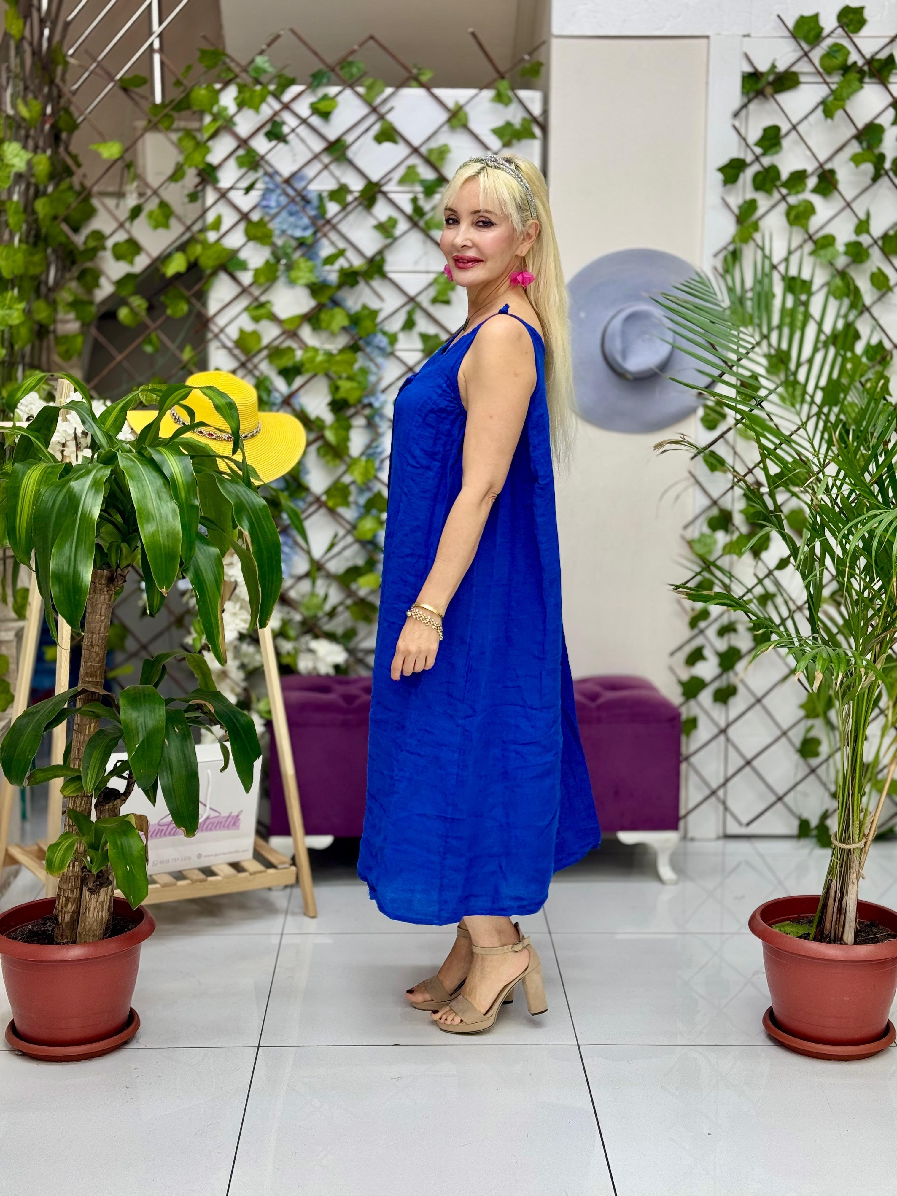 YG205040 İtalyan Keten Elbise Saks