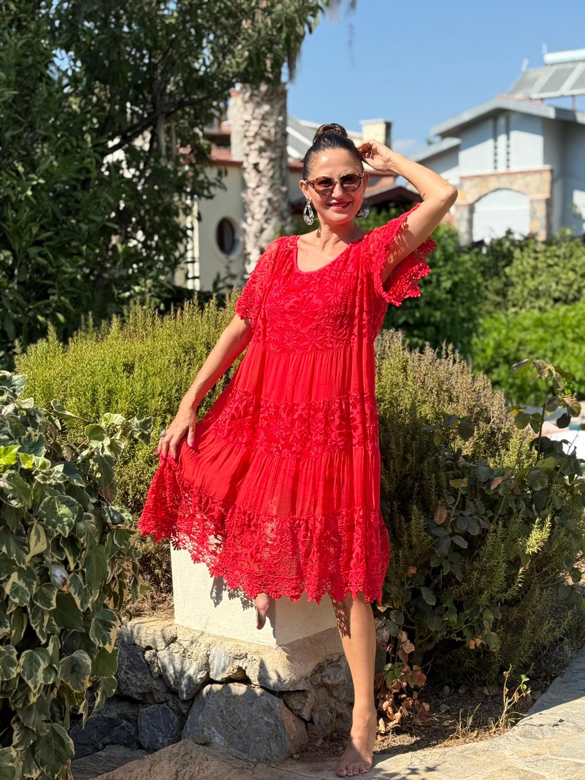 NCC10337 İtalyan İpek Elbise kırmızı