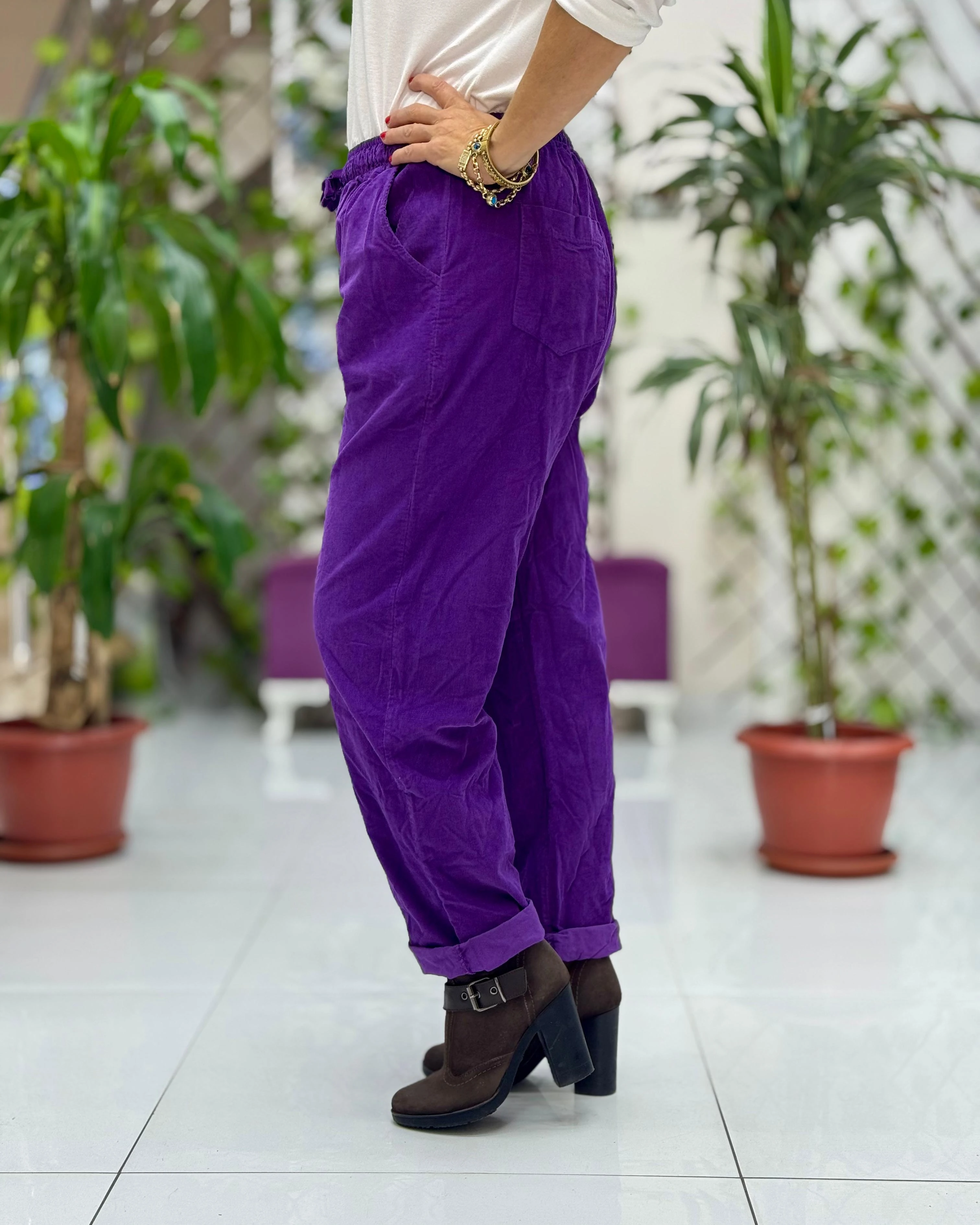 YG3005 Beli Bağcıklı İtalyan Kadife Pantolon Mor