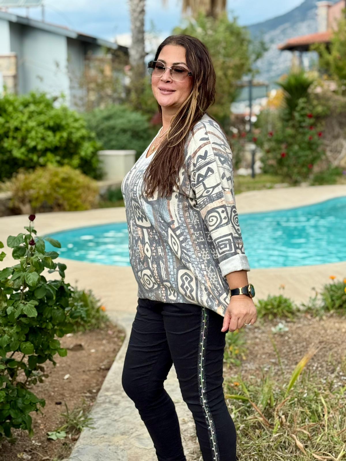 YG90664 Merserize V Yaka Baskılı İtalyan Bluz gri