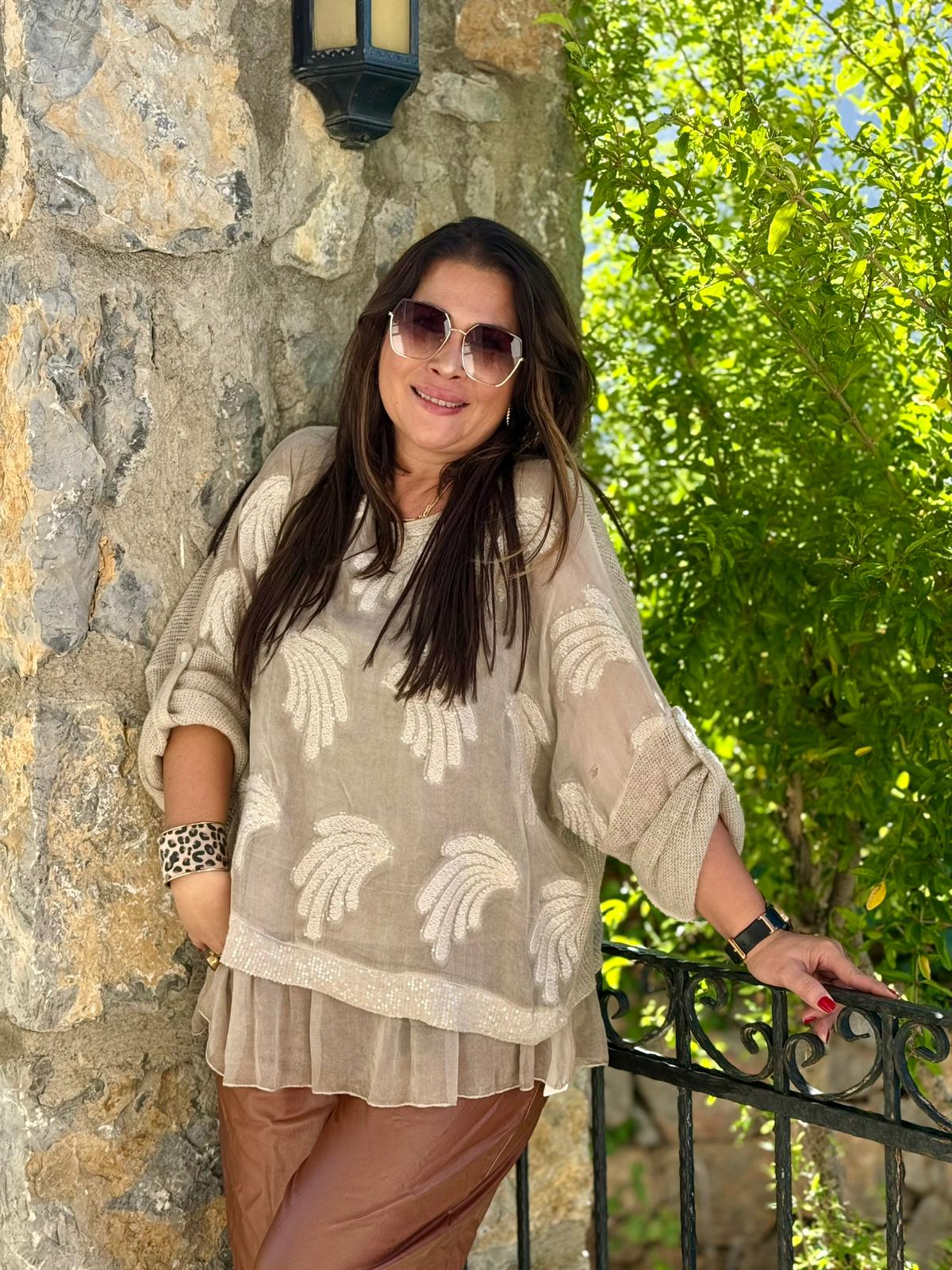 NC0023 Pul Payetli Kabartmalı İpek Triko İtalyan Bluz Krem