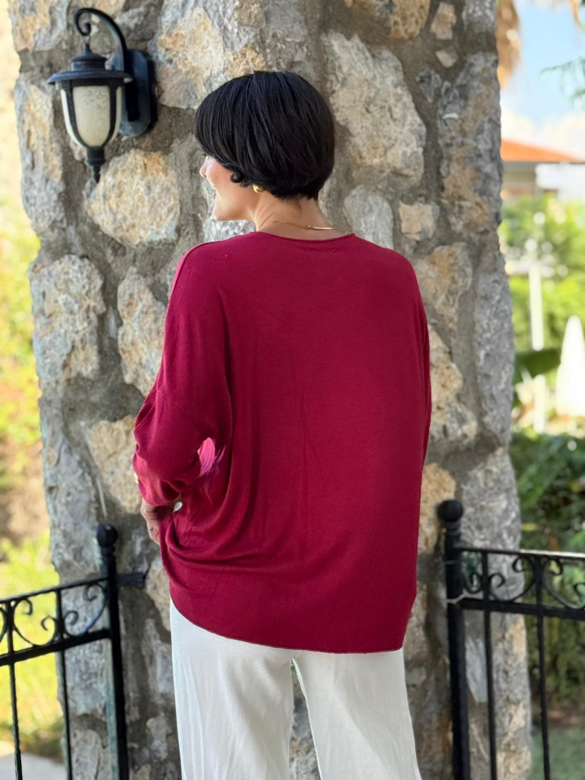 FXLS82681 İtalyan Taş Baskılı Triko Bluz Bordo