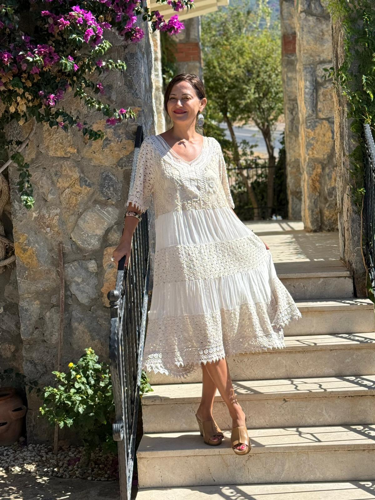 NC10938 İtalyan Pul Payetli Yarım Kol Midi İpek Elbise Bej