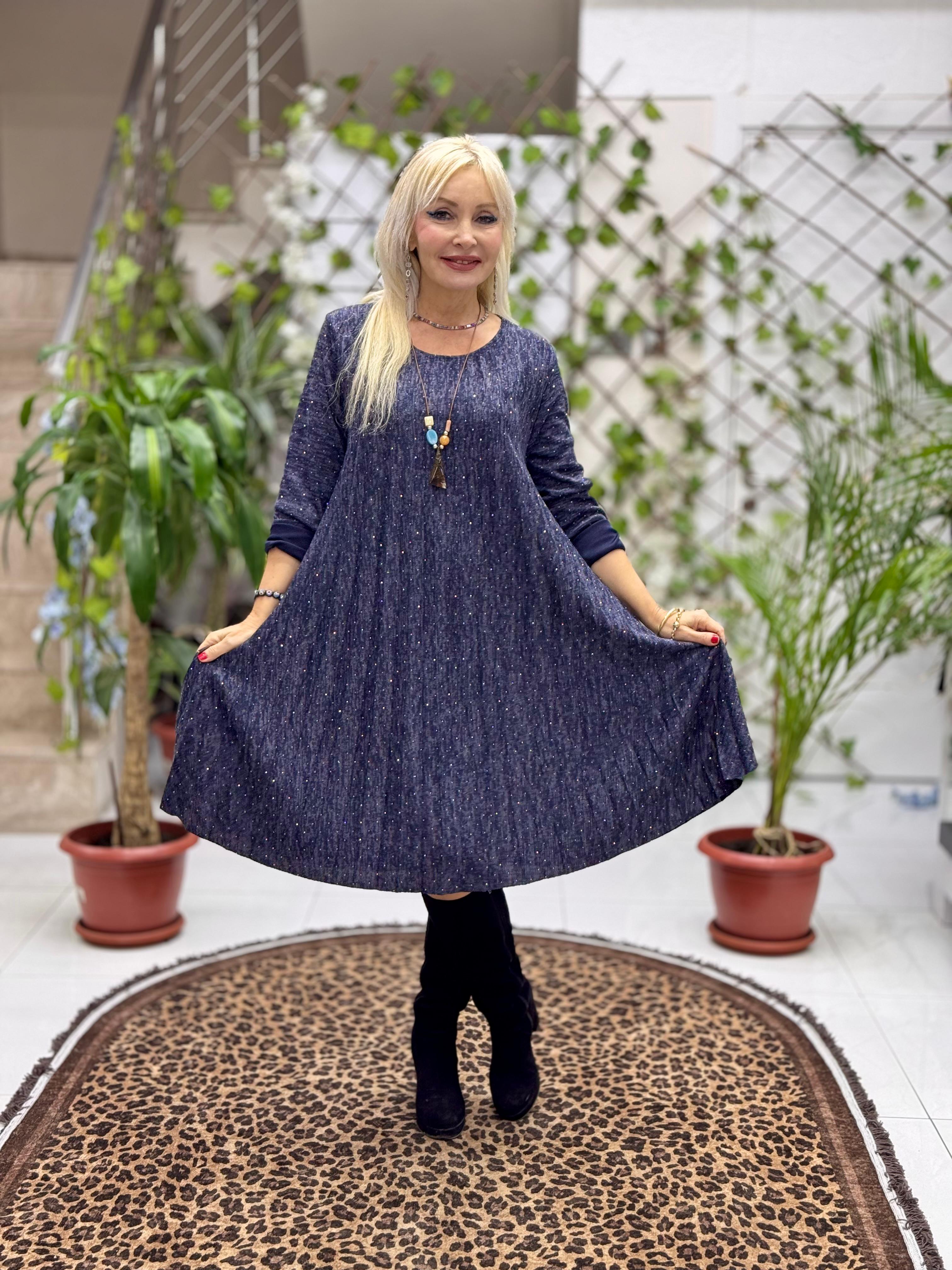 NC21419 Kolyeli Taşlı Pileli İtalyan Triko Elbise Lacivert