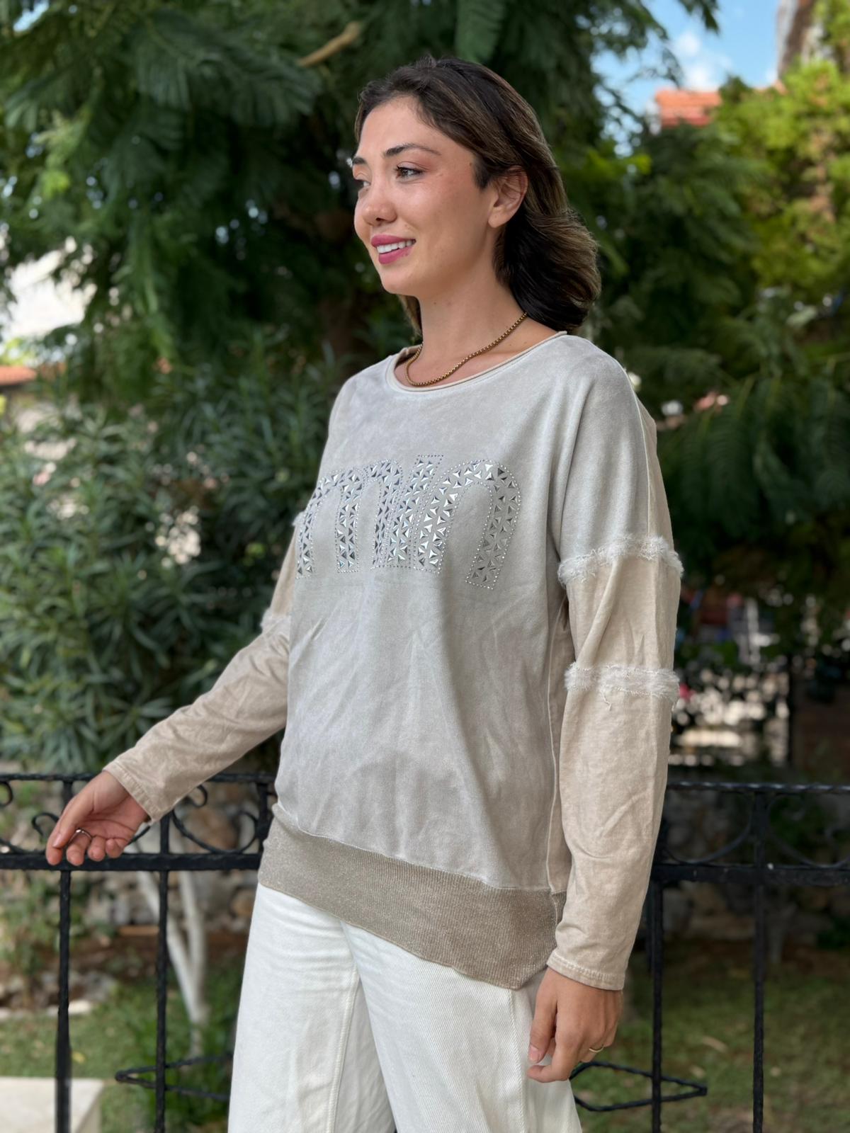 NC53659C İtalyan MIN Taşlı Coton Sweatshirt Krem