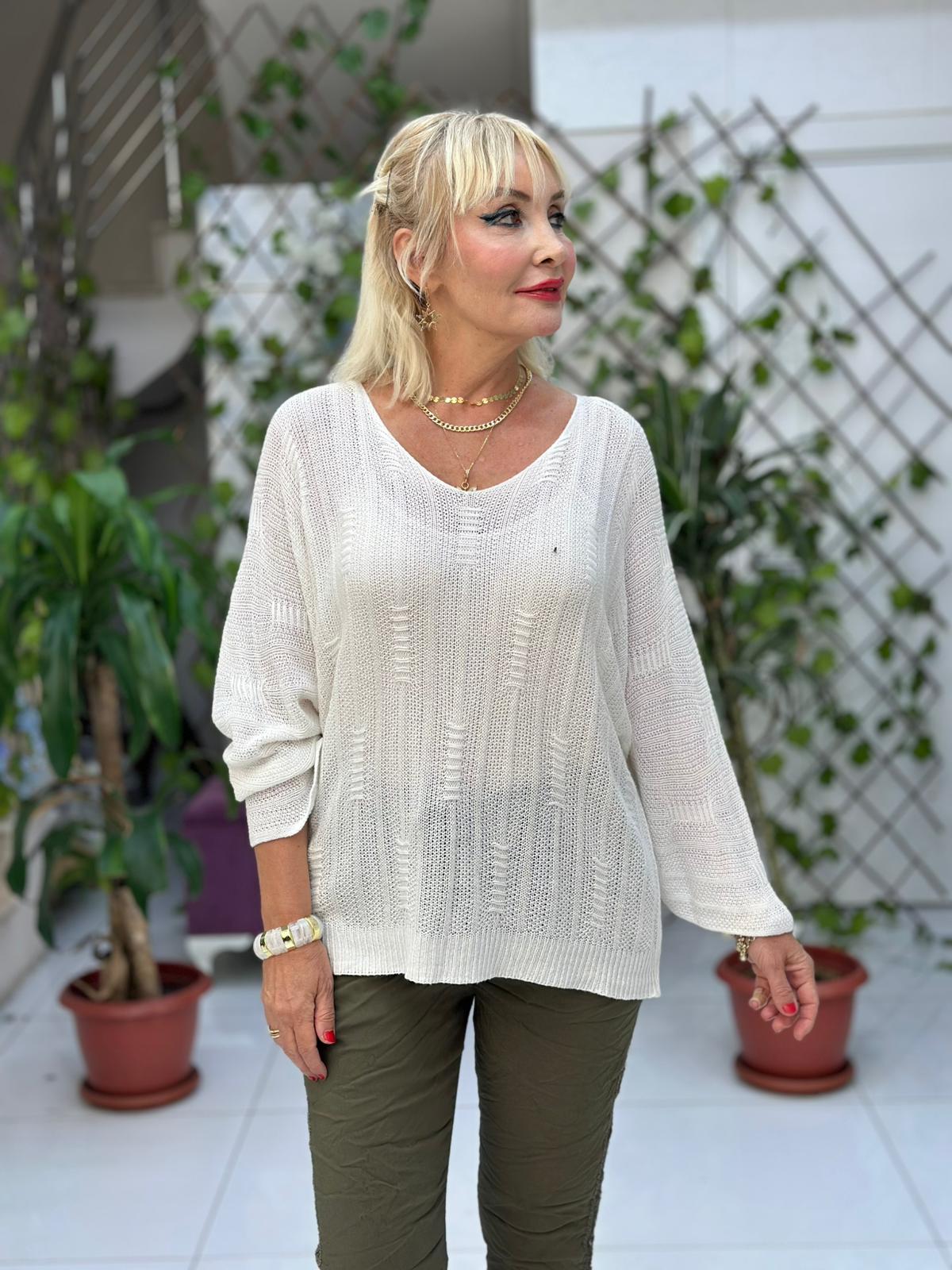 LS8713 İtalyan Çizgi Desenli Triko Bluz Beyaz