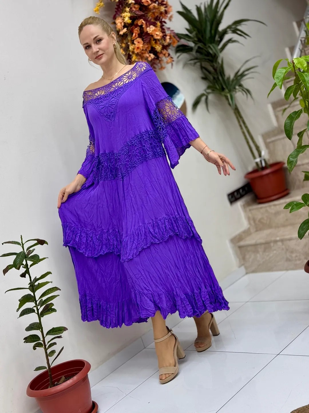VL12008 Yaka Detay Vual Elbise Mor