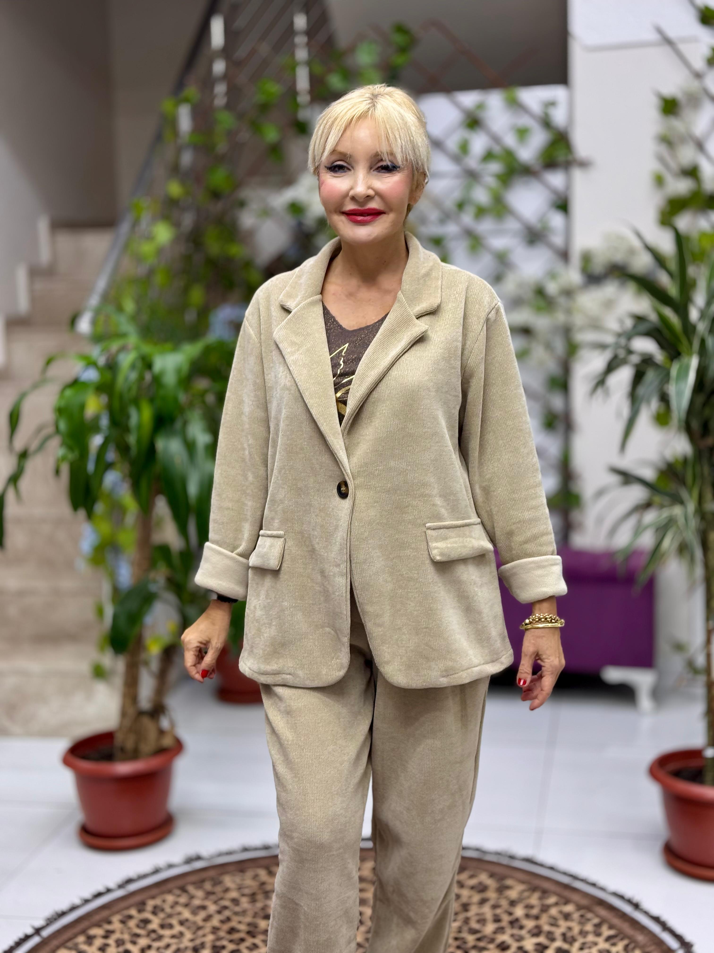 YG683089 Tek Düğme İtalyan Ceket Pantolon Kadife Takım Krem