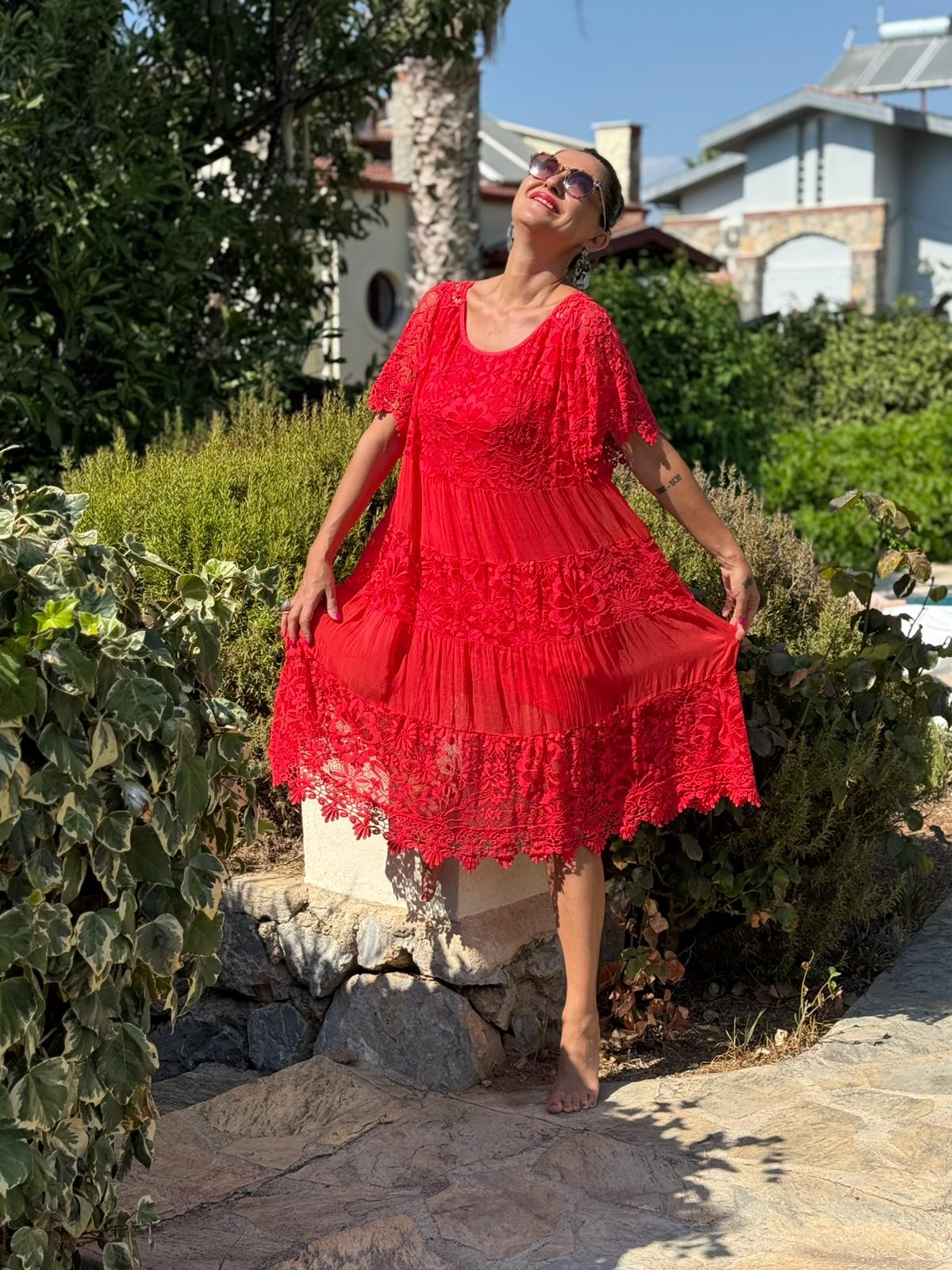 NCC10337 İtalyan İpek Elbise kırmızı