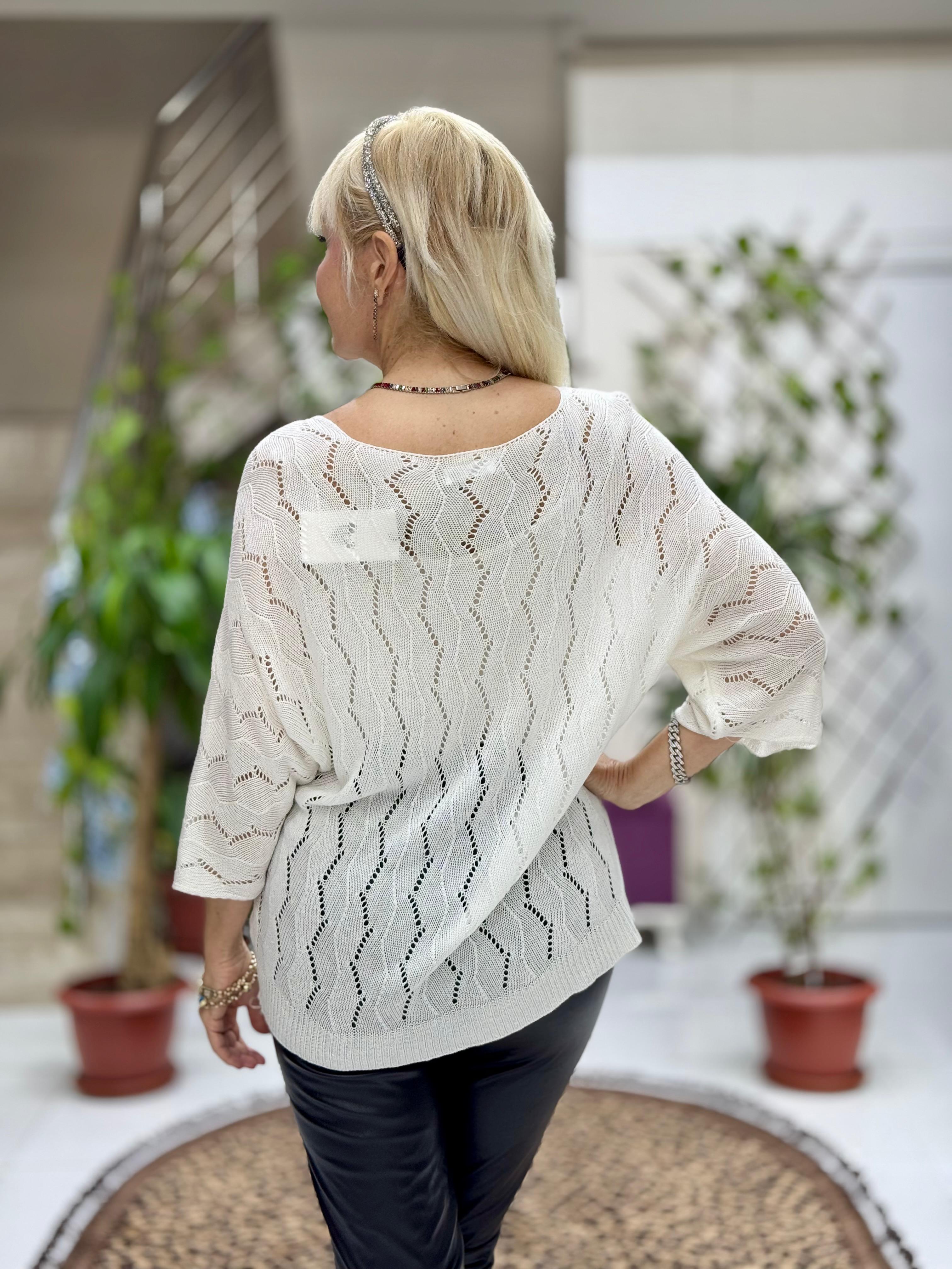 NC6071 İtalyan Fakir Kol Zikzak Desenli İnce Triko Bluz Beyaz