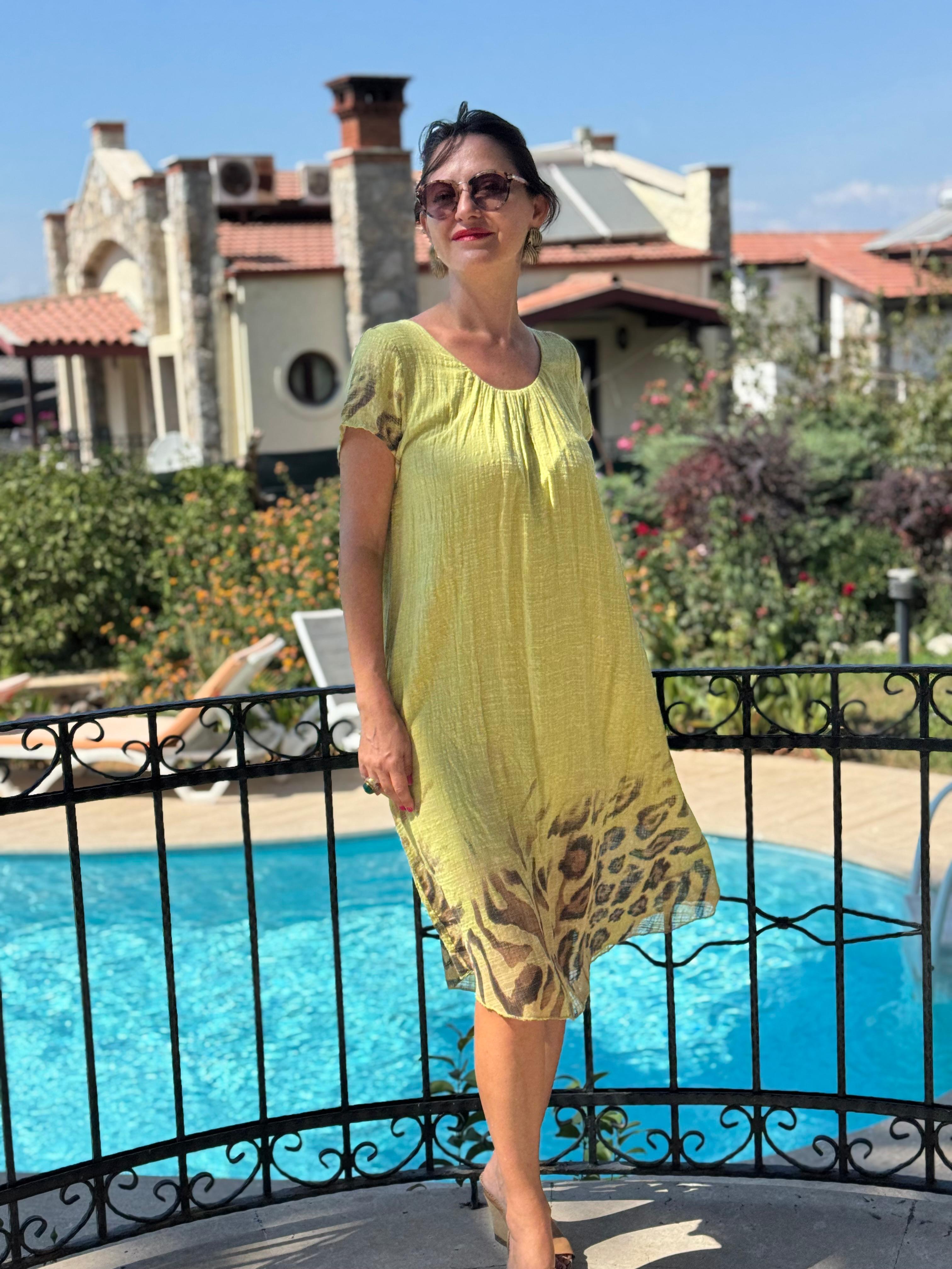 NC50848 İtalyan Pamuk Keten Astarlı Elbise Fıstık