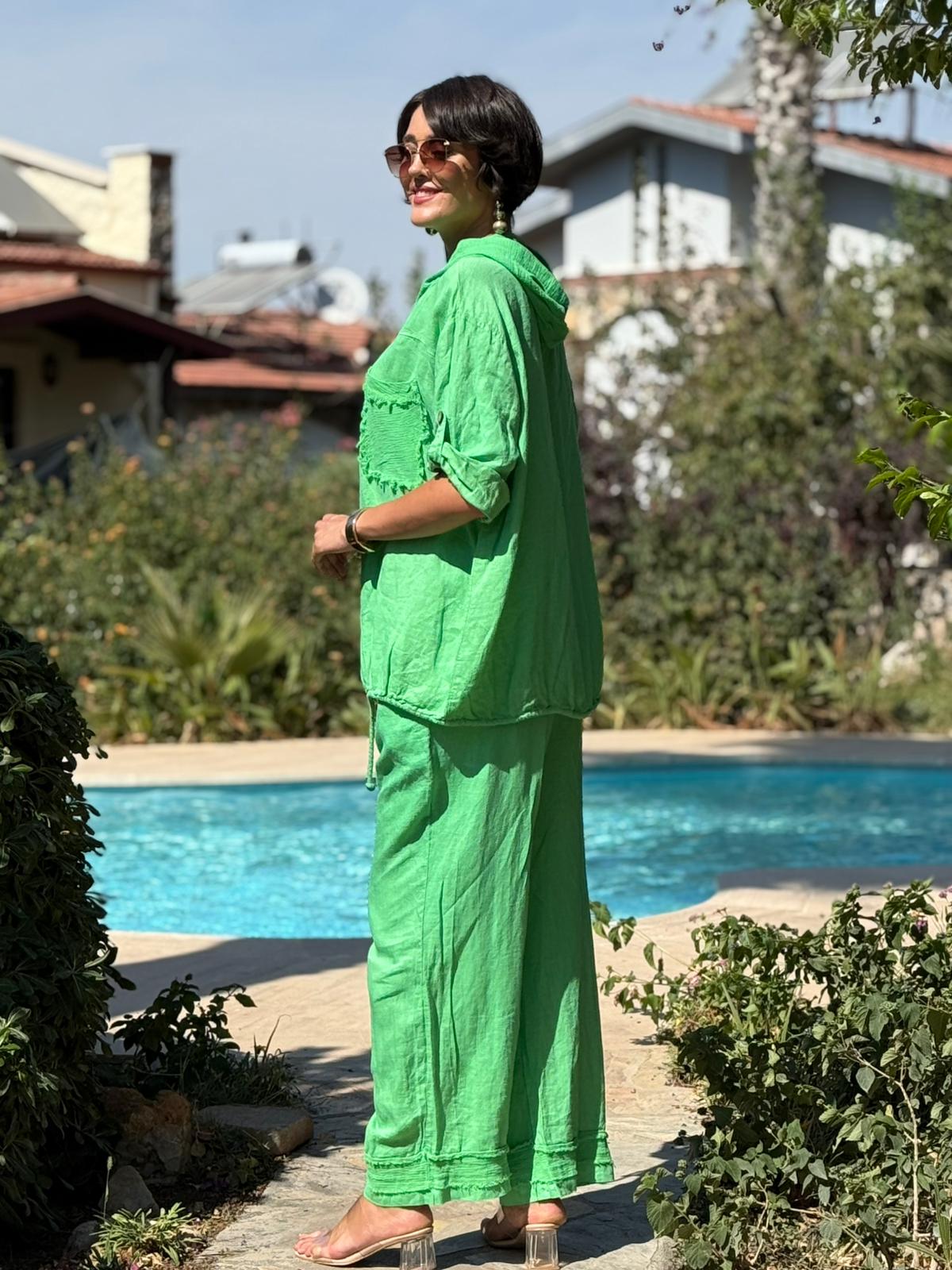 PT2256 İtalyan Önü Cepli Kapüşonlu Keten Takım Yeşil