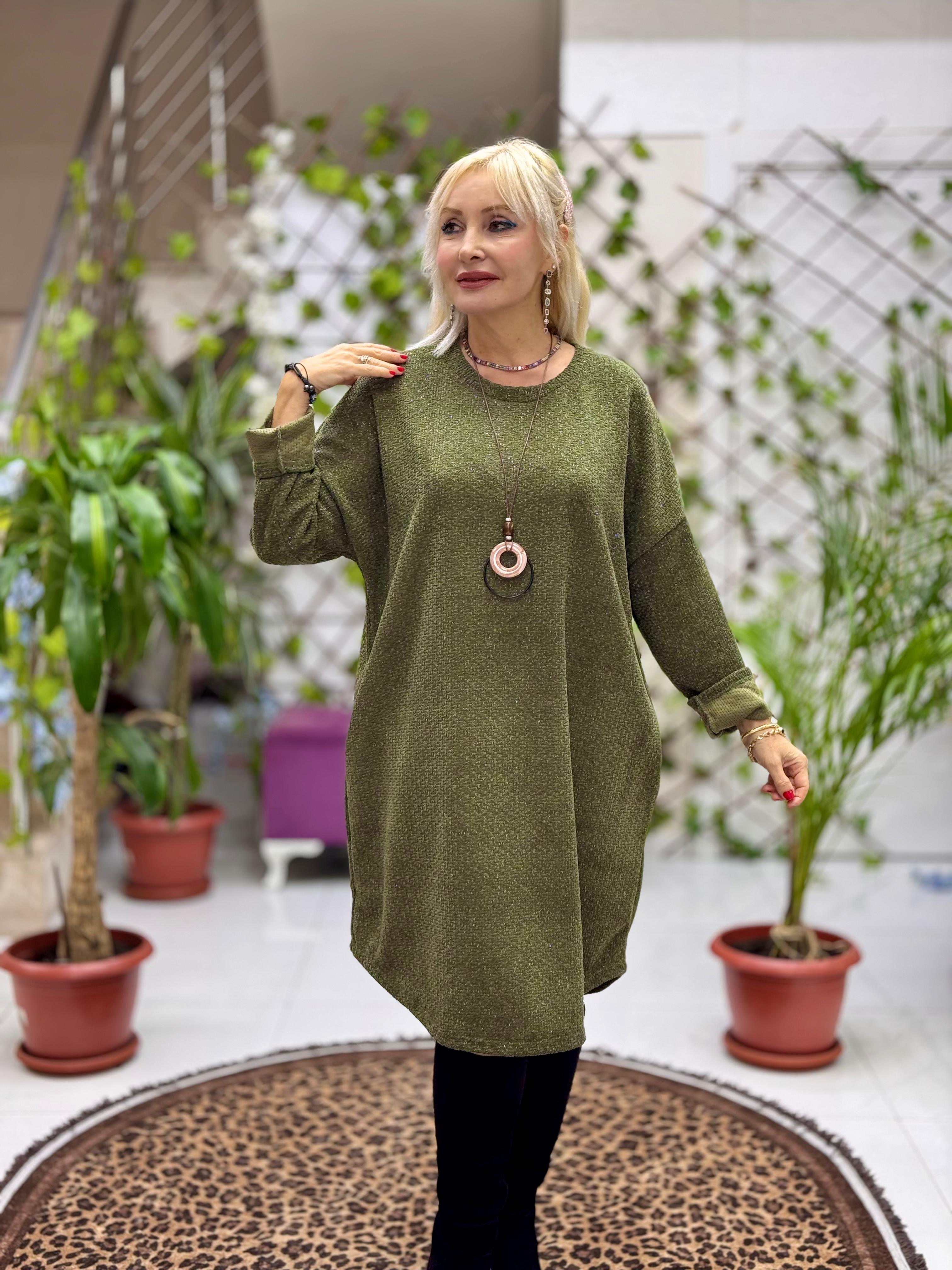 NC25158 Simit Yaka Kolyeli Simli İtalyan Kadife Elbise Haki