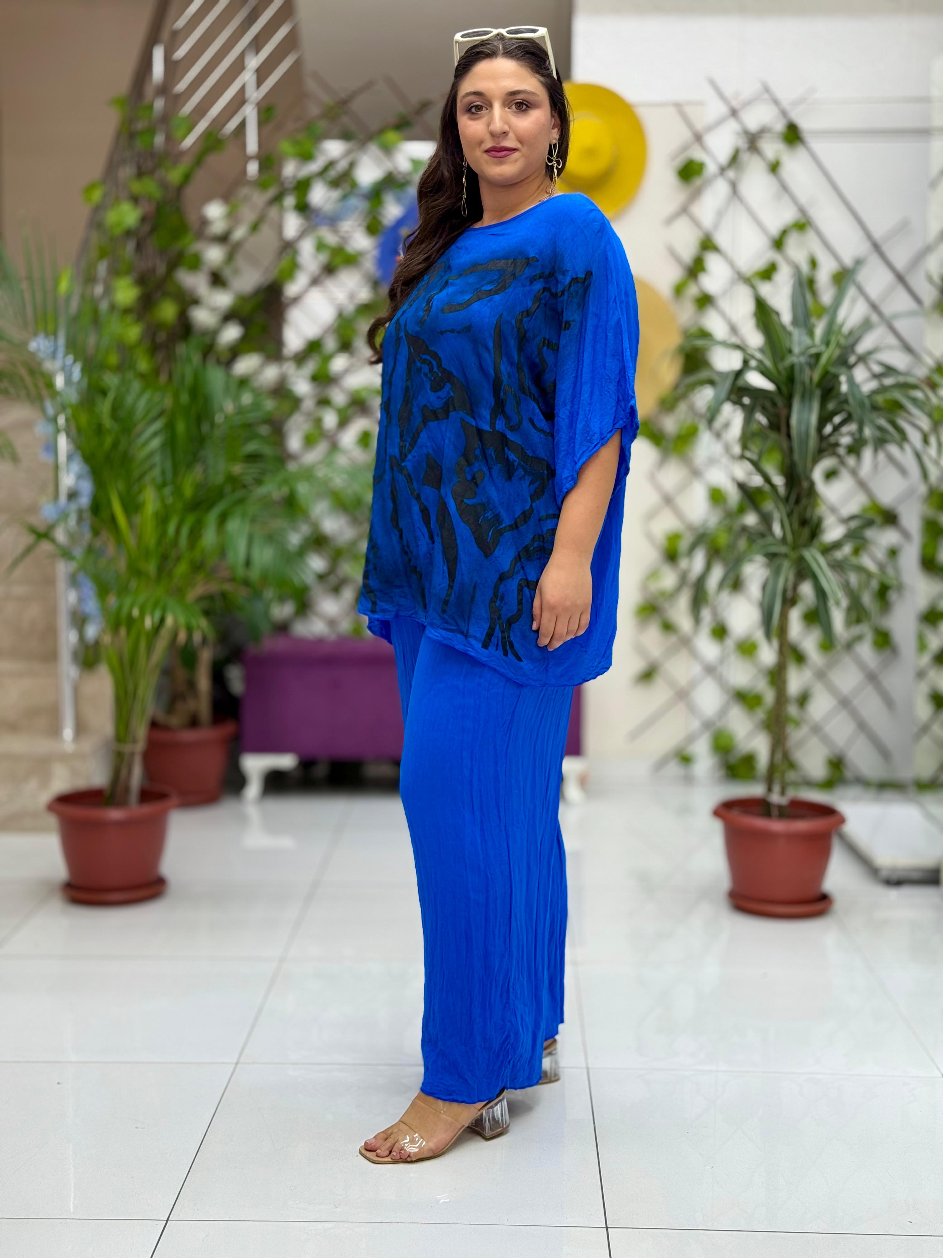 VL3159 %100 Vual Pamuk Bluz Pantolon Takım Saks