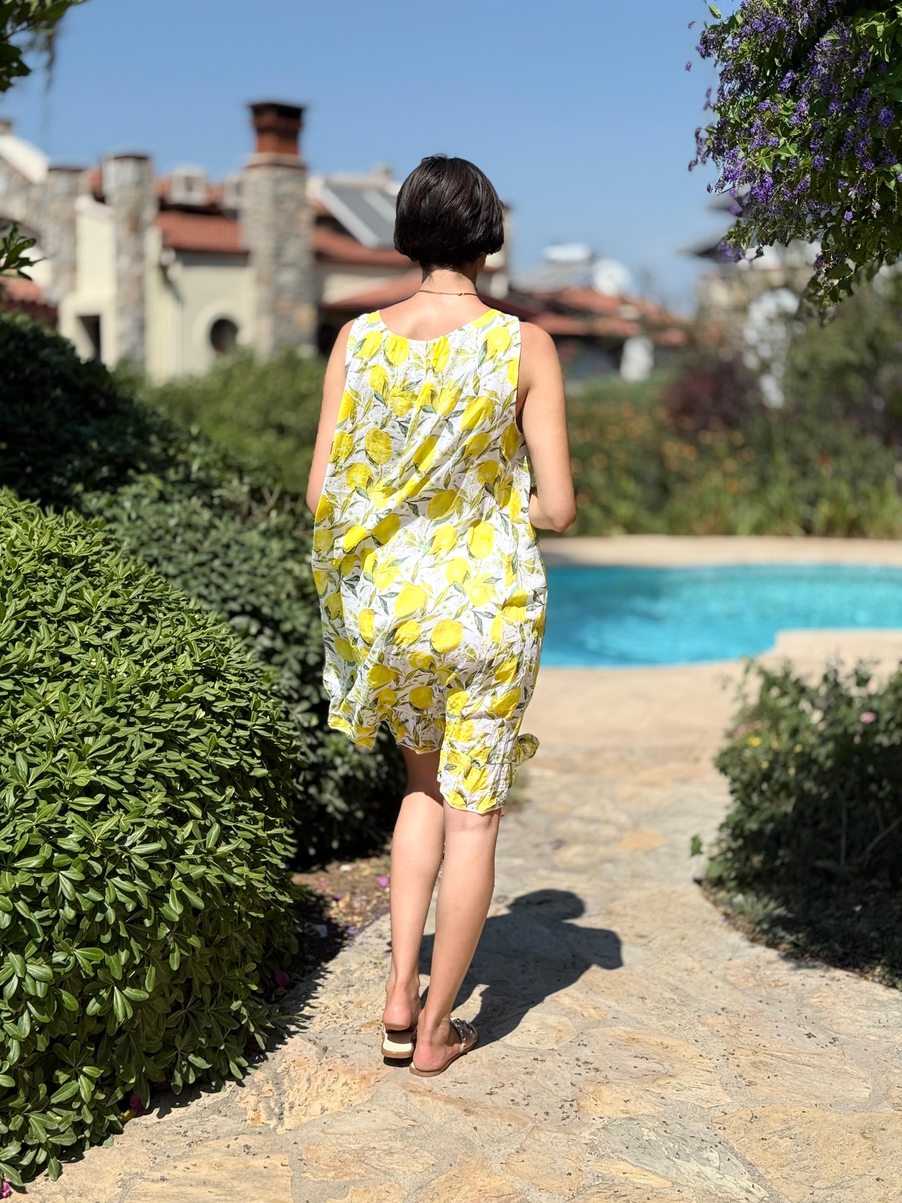 YG205030 İtalyan Coton  Limon Desen Elbise Beyaz