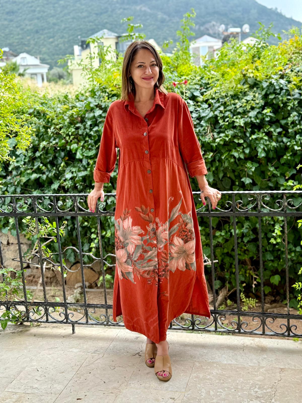 YG10974 Çiçek Baskılı İtalyan Kadife Gömlek Elbise Kiremit