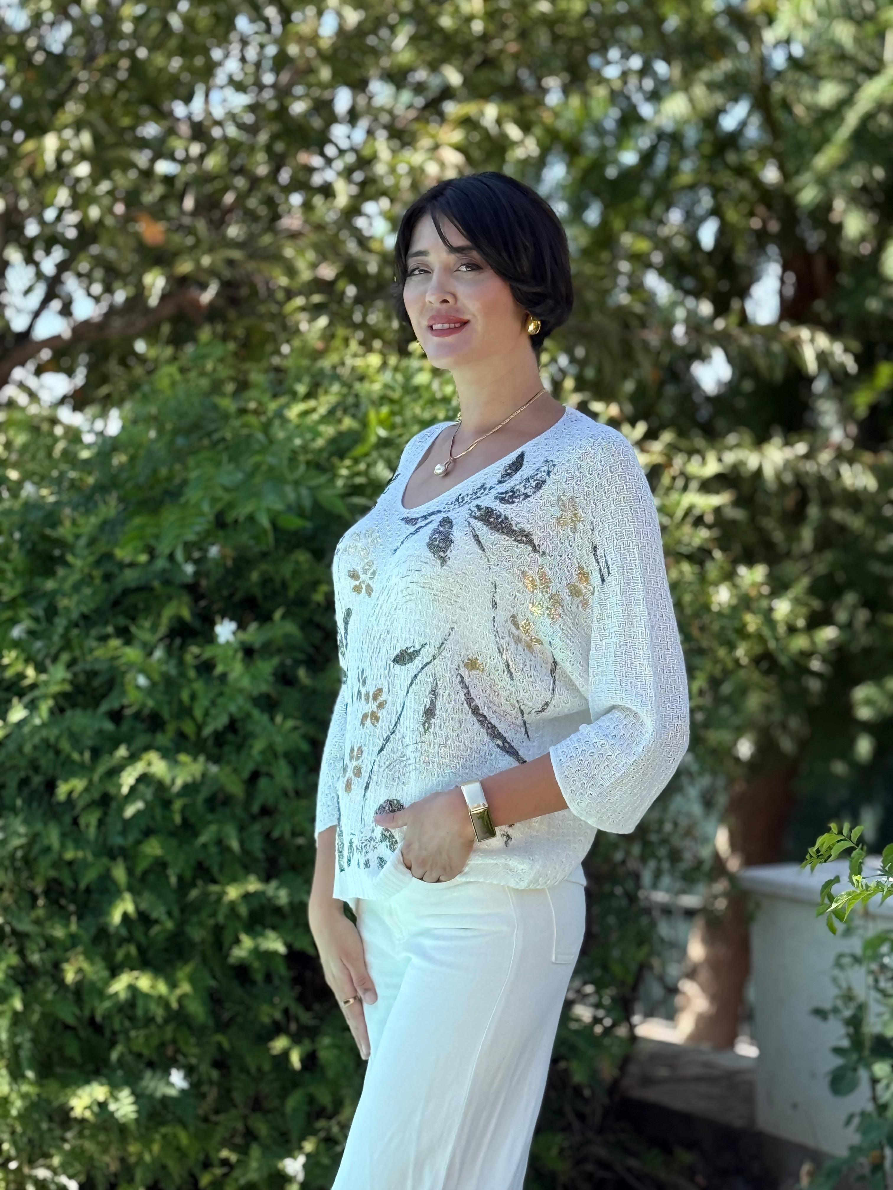 FXLS7514 İtalyan Yaprak Desen Triko Bluz Beyaz