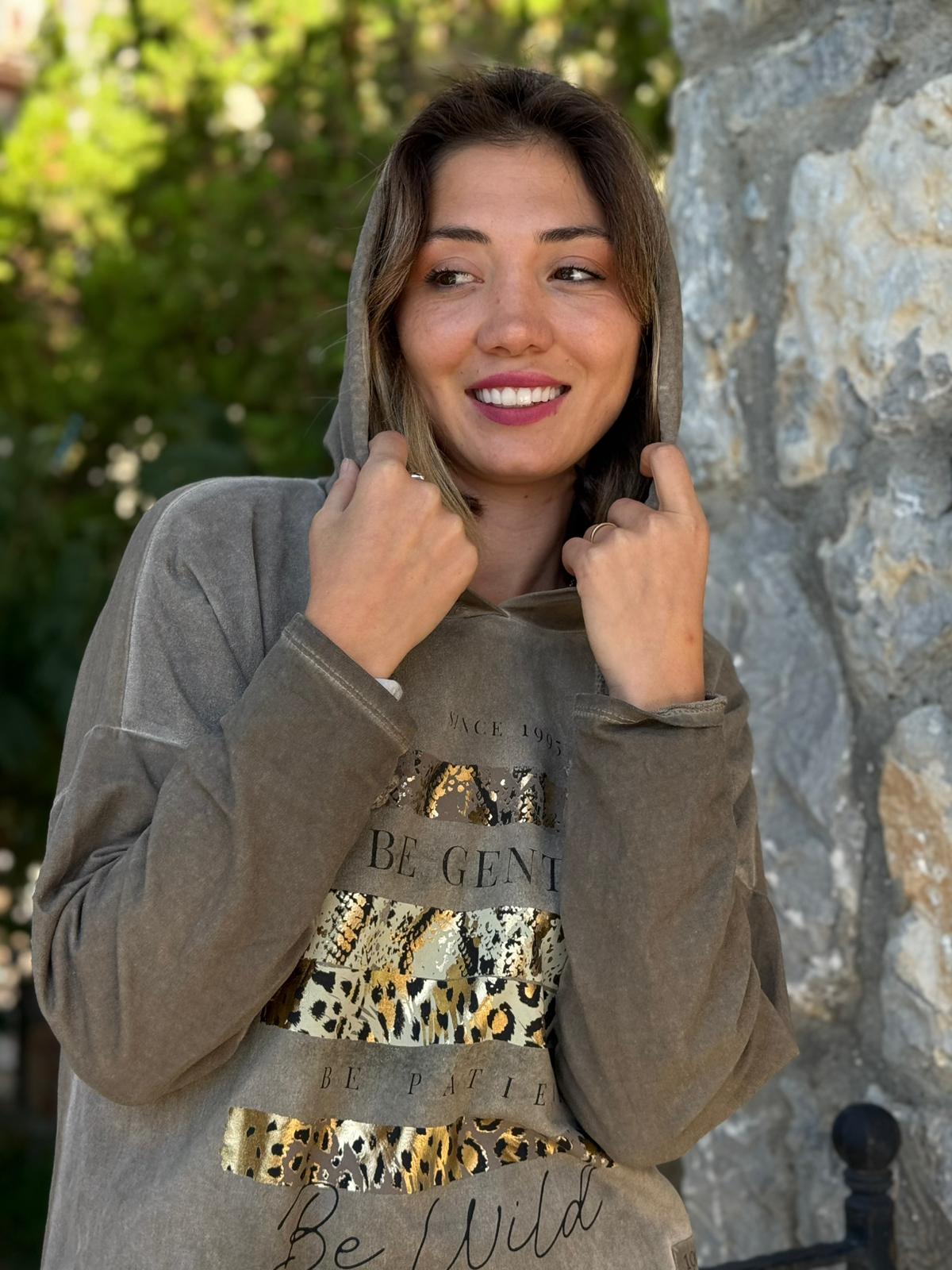 NC56152 İtalyan Leopar Baskılı Kapüşonlu Sweatshirt Vizon