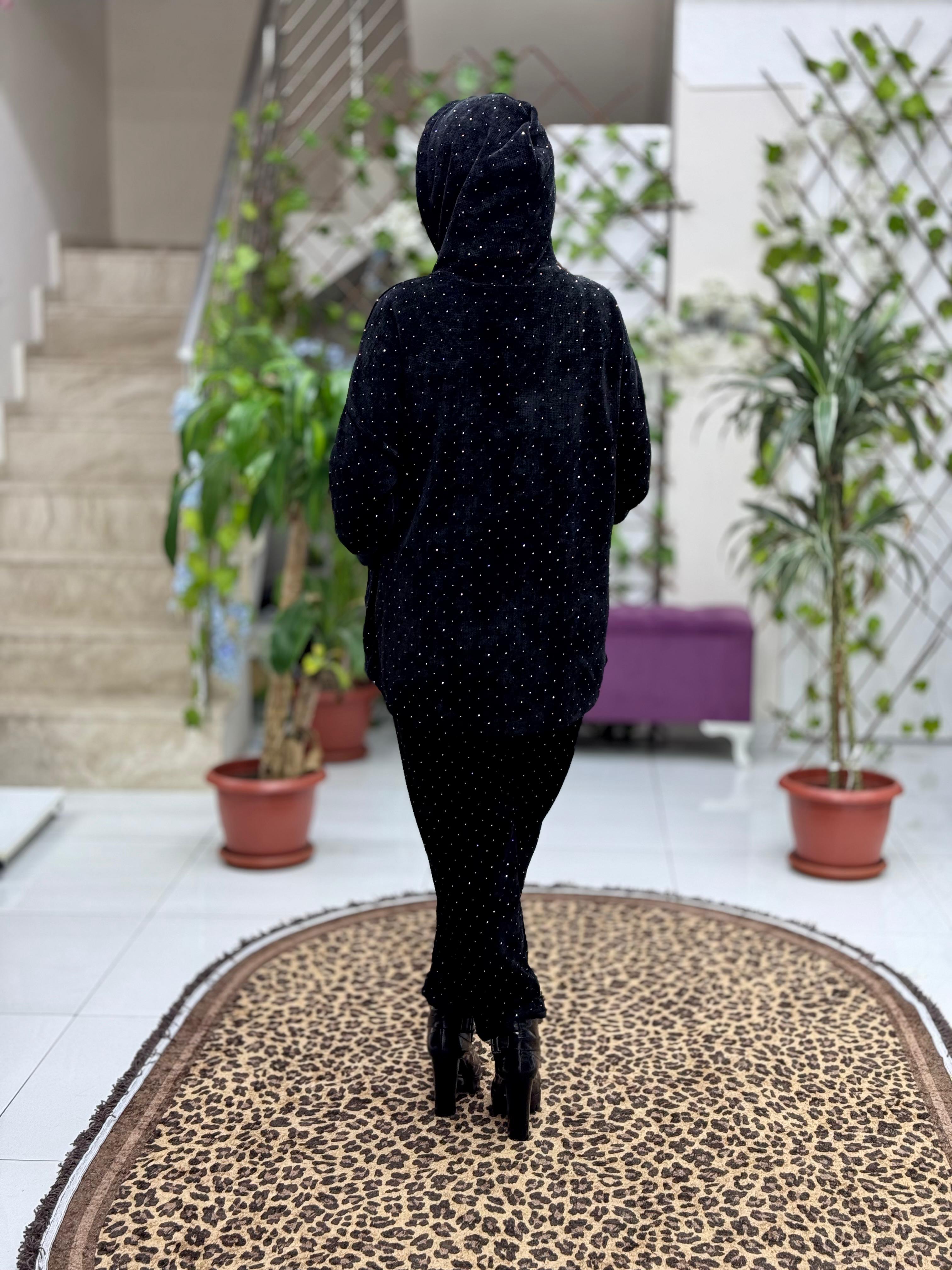 NC25195 Fermuarlı Kapüşonlu Taşlı İtalyan Kadife Takım Siyah