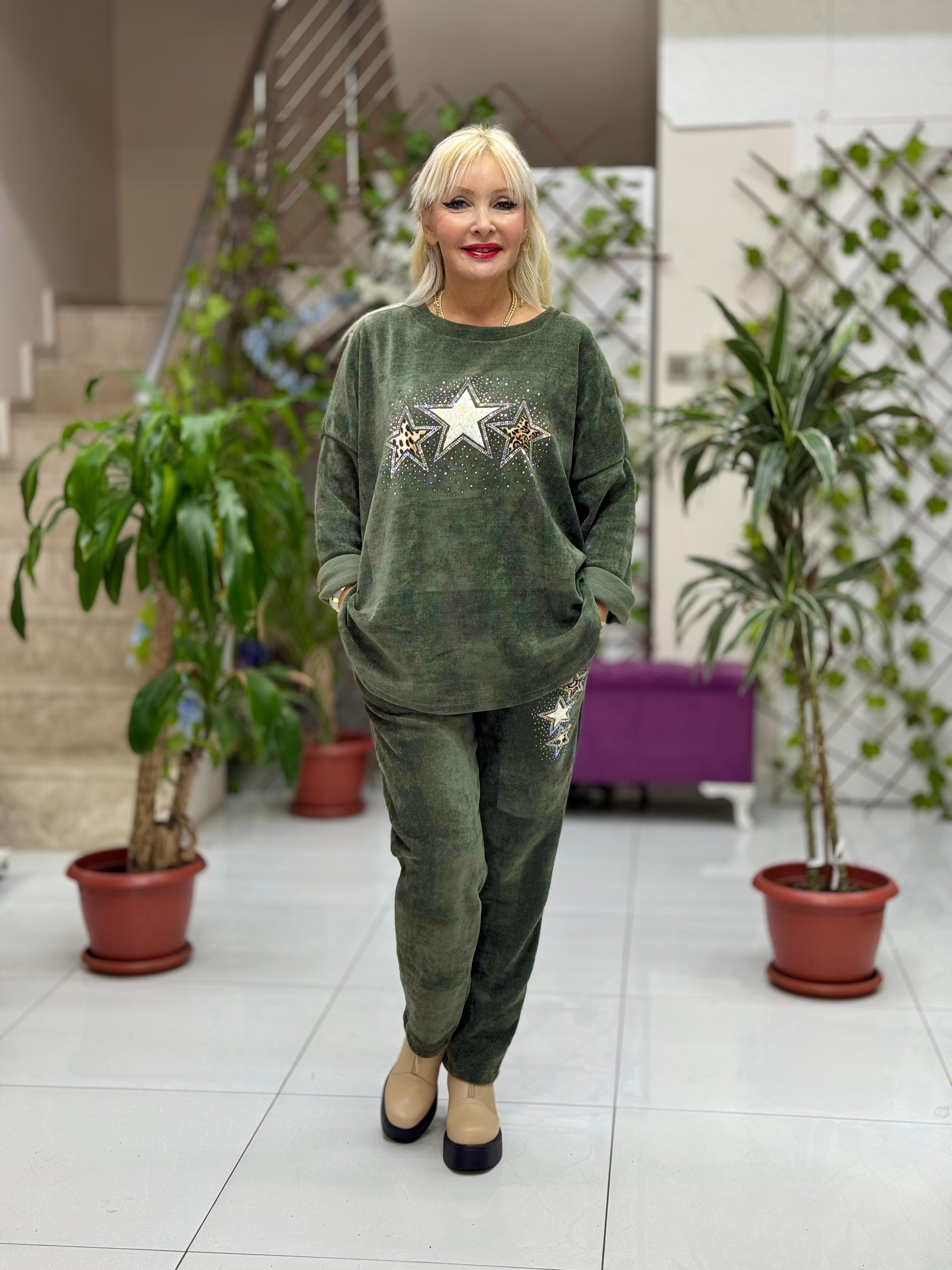 NC23081 Yıldız Desenli Taşlı İtalyan Kadife Takım Yeşil