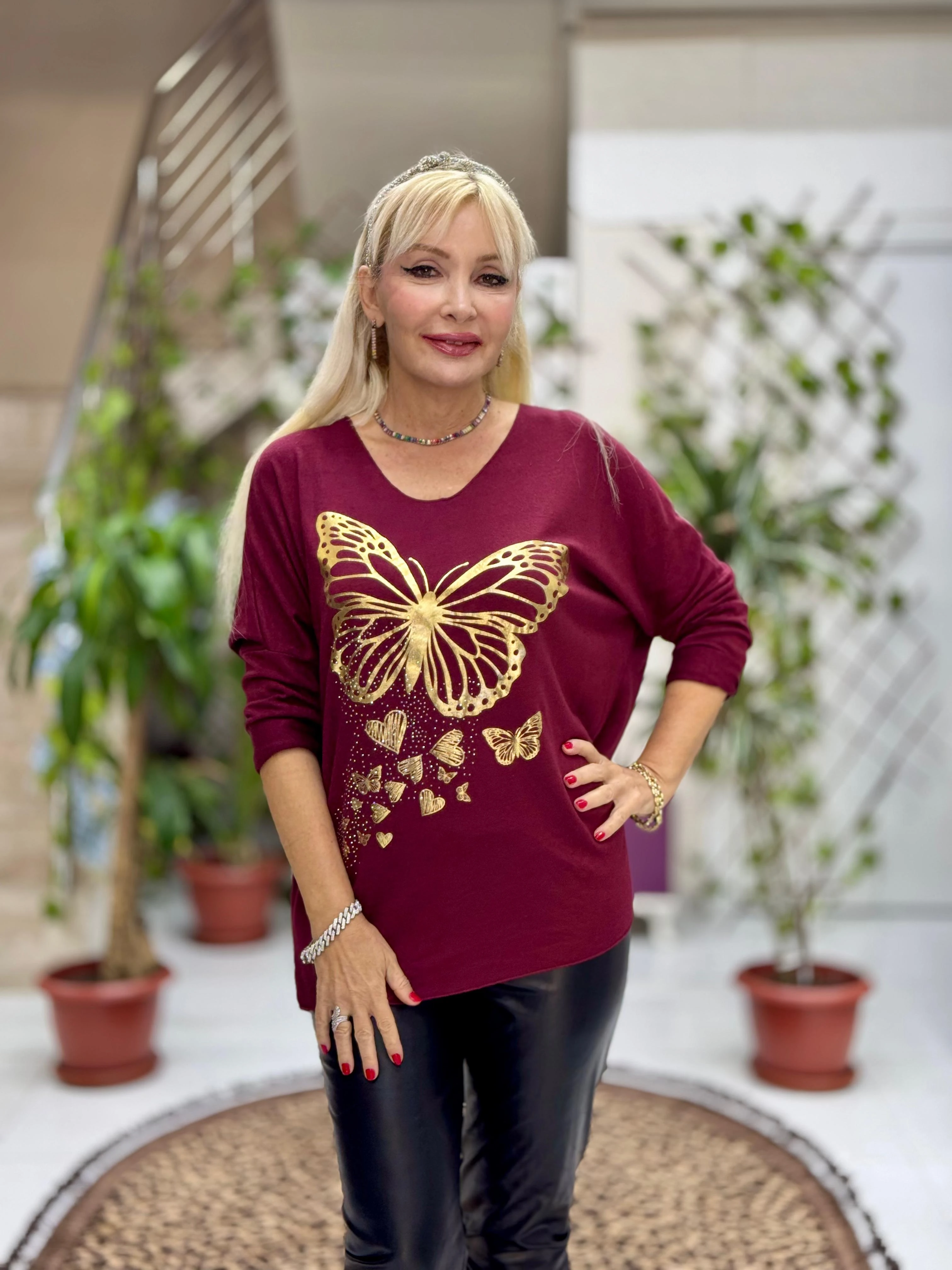 YG59100 İtalyan Taşlı ve Kelebek Baskılı Triko Bluz Bordo