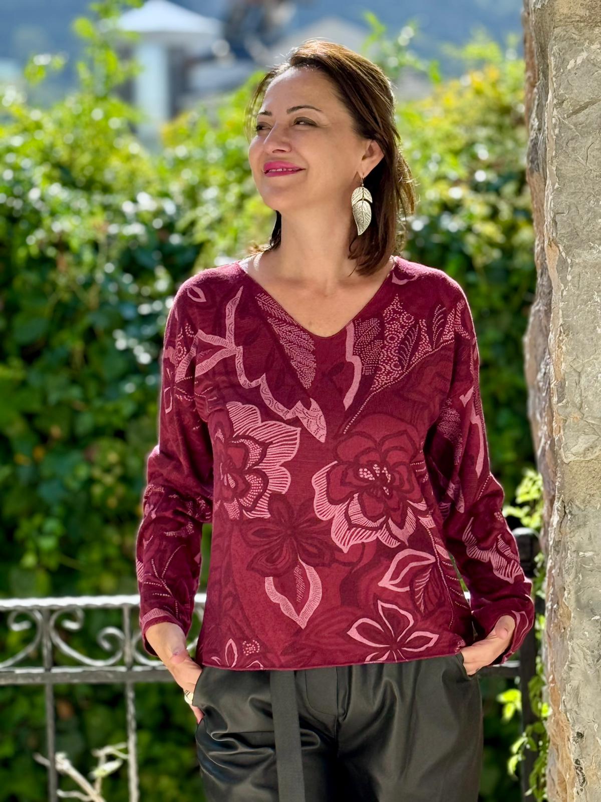 YG7036 Çiçek Desenli V Yaka İtalyan Triko Bluz Bordo