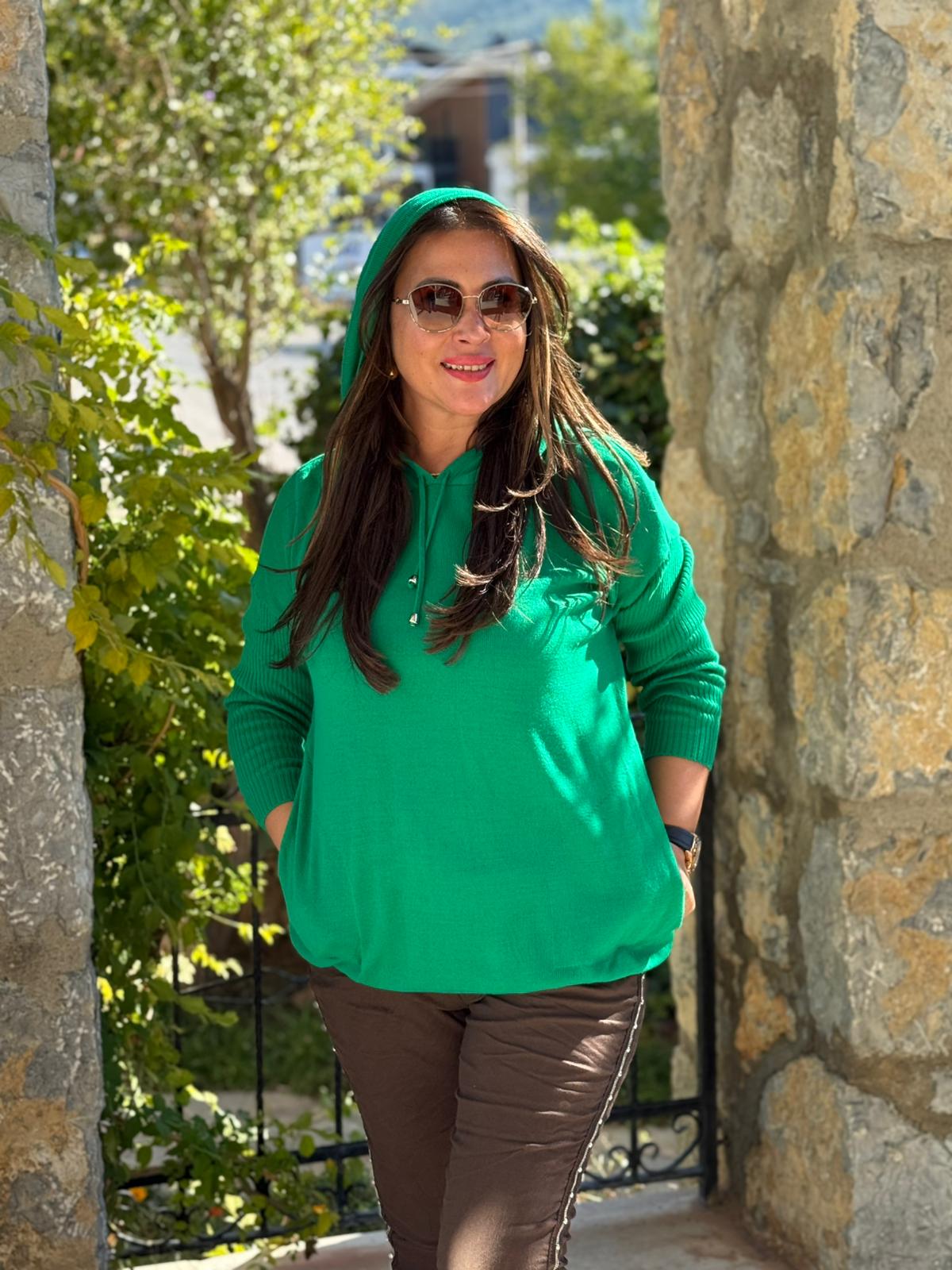 MT3096 Kapüşonlu Cepli Triko Sweatshirt Zümrüt