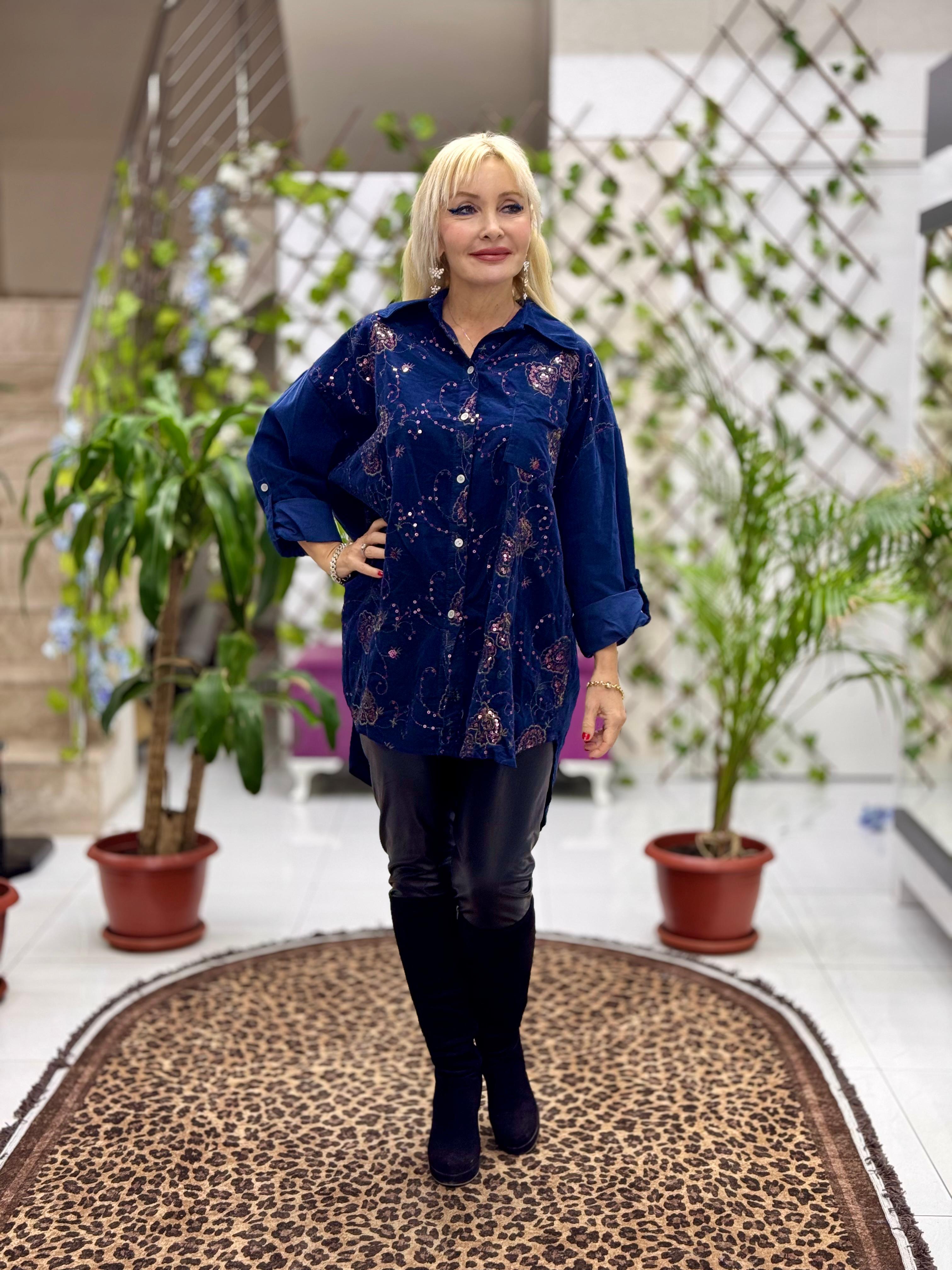 NC25199 Nakış Detaylı Pullu İtalyan Kadife Gömlek Lacivert