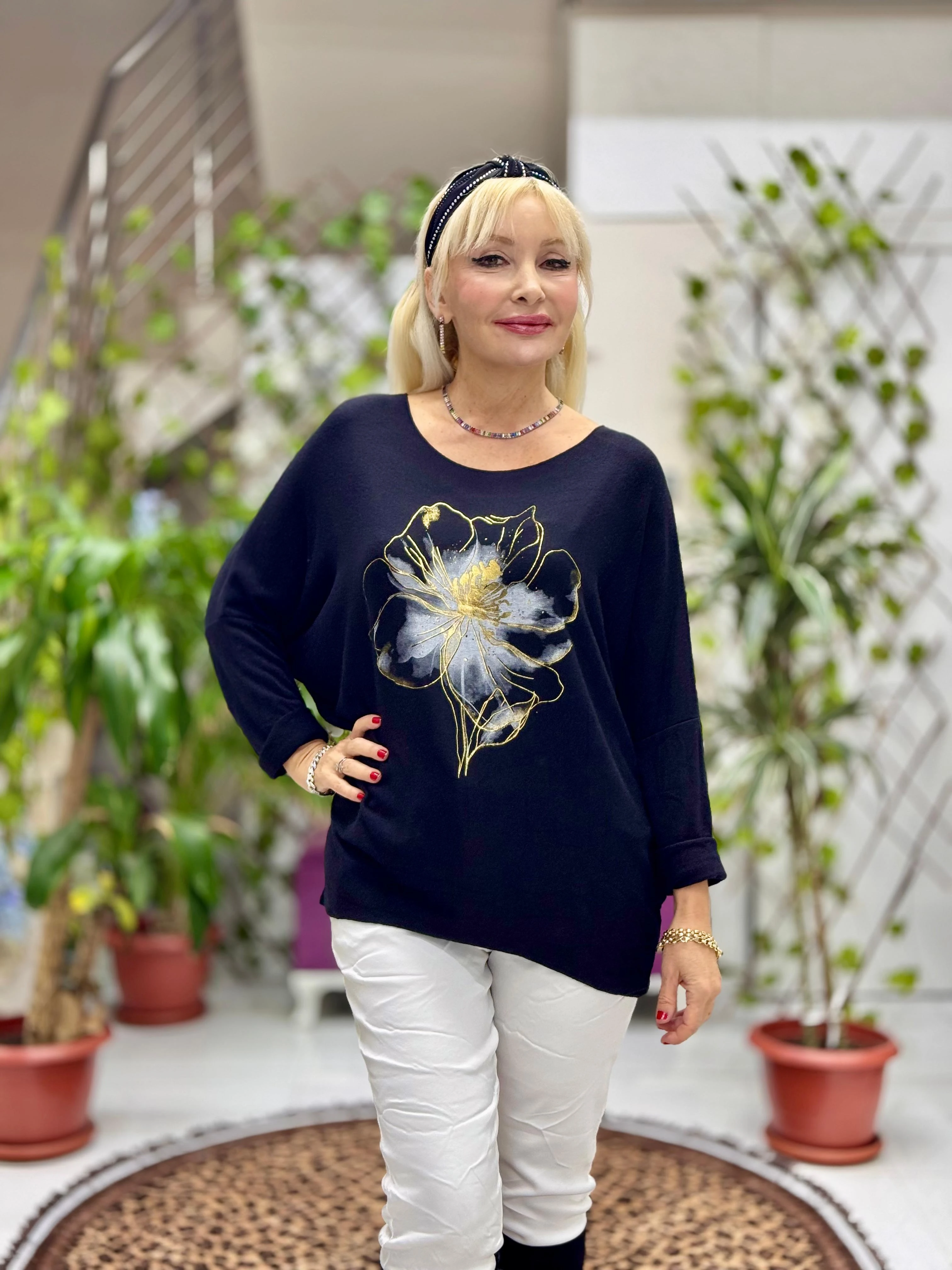 YG3003 Çiçek Baskılı İtalyan Triko Bluz Siyah