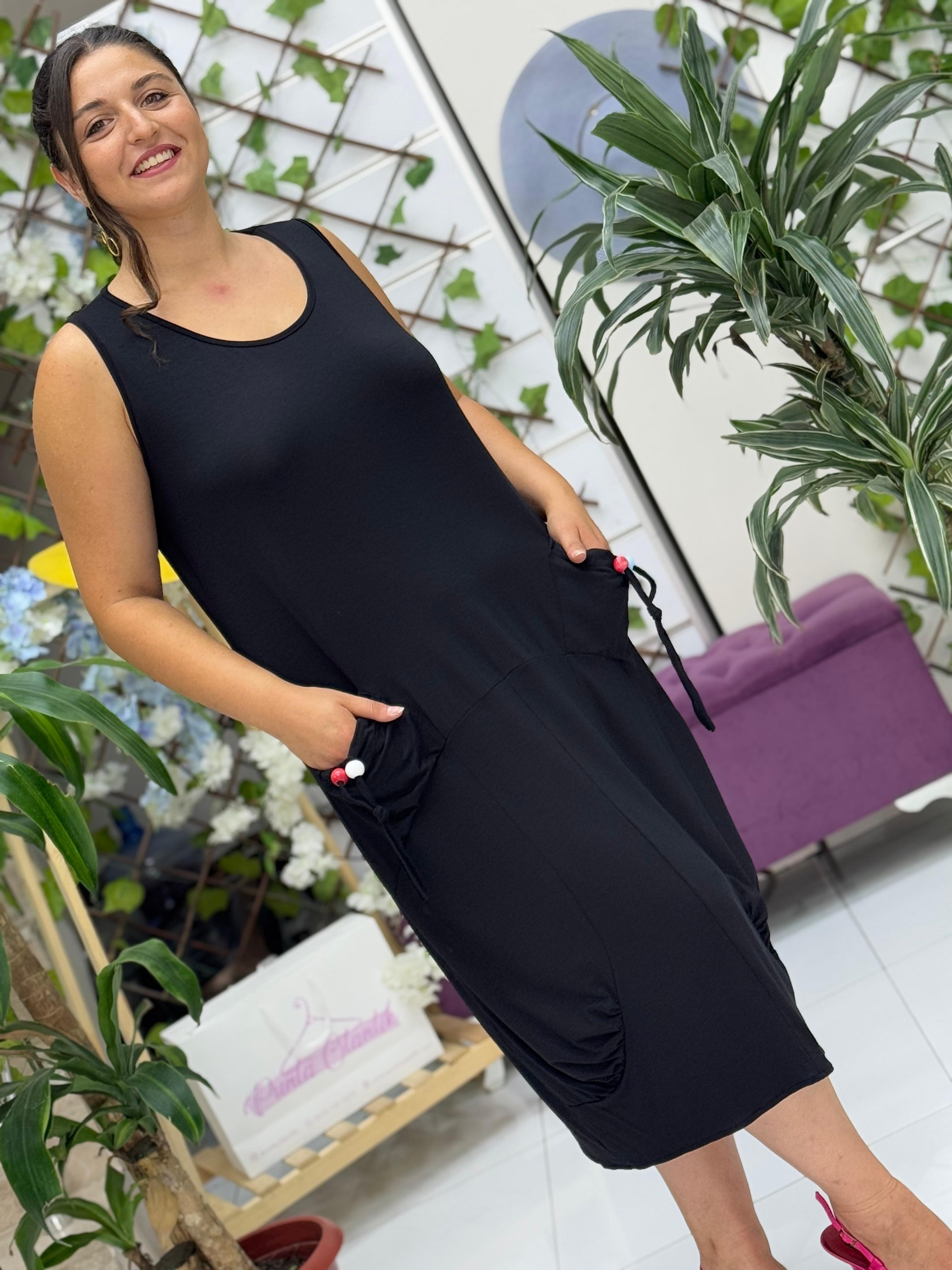 TS1002 Cebi Boncuklu Kolsuz Turlu Viskon Elbise Siyah