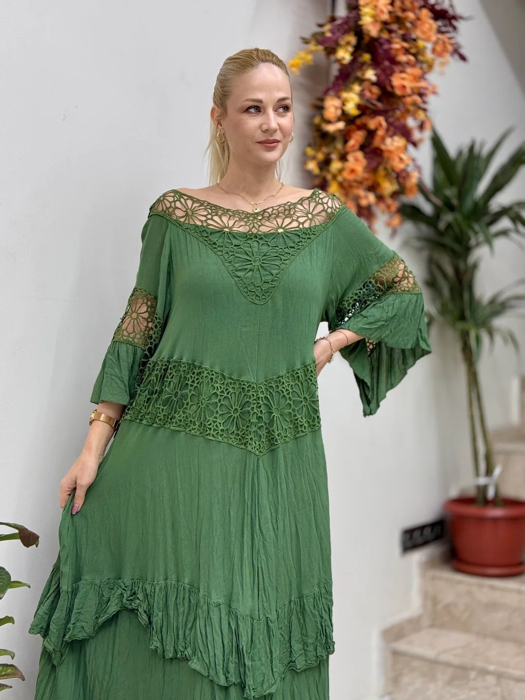 VL12008 Yaka Detay Vual Elbise Haki