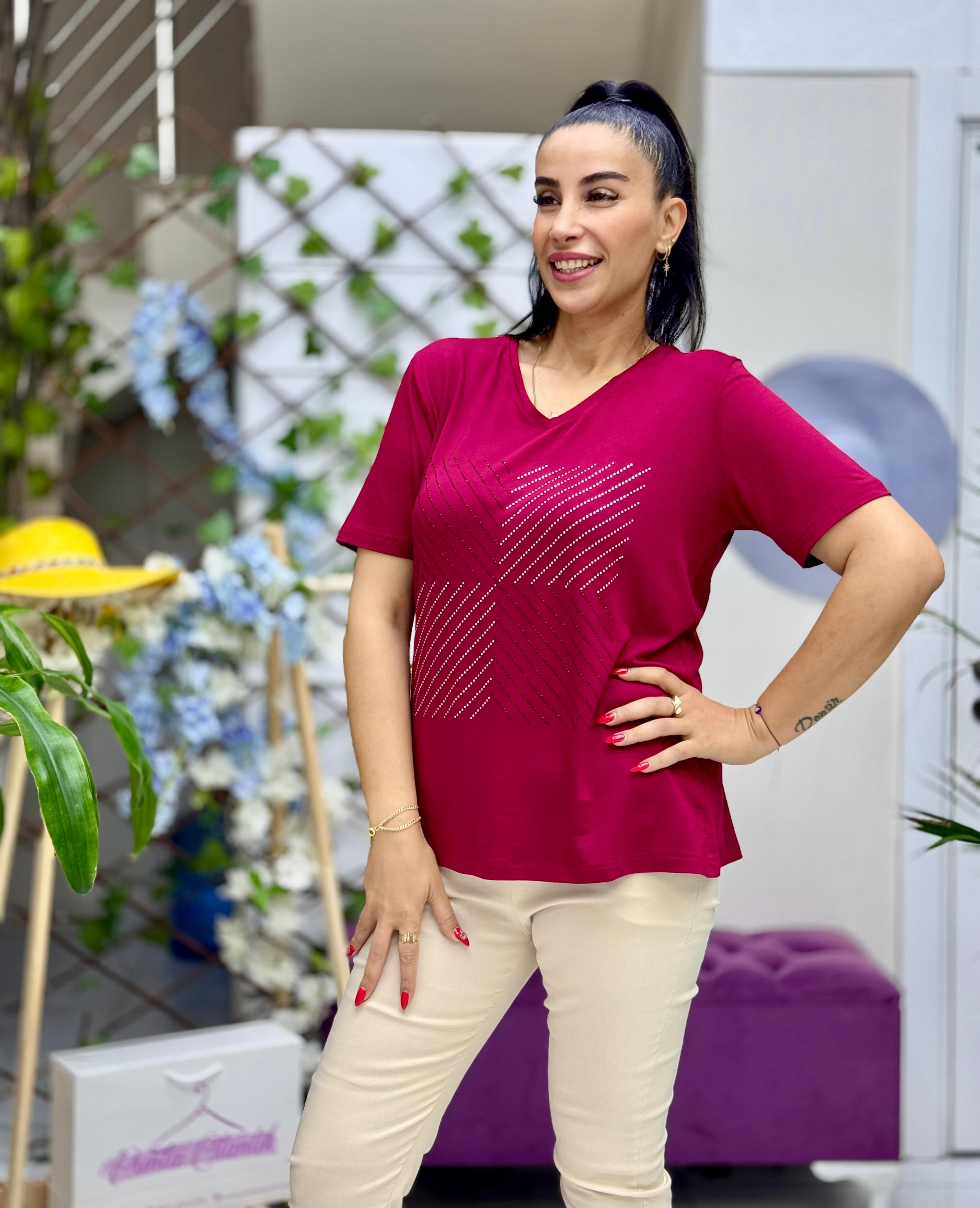 MS4480 V Yaka Taş Desenli Penye Bluz Bordo