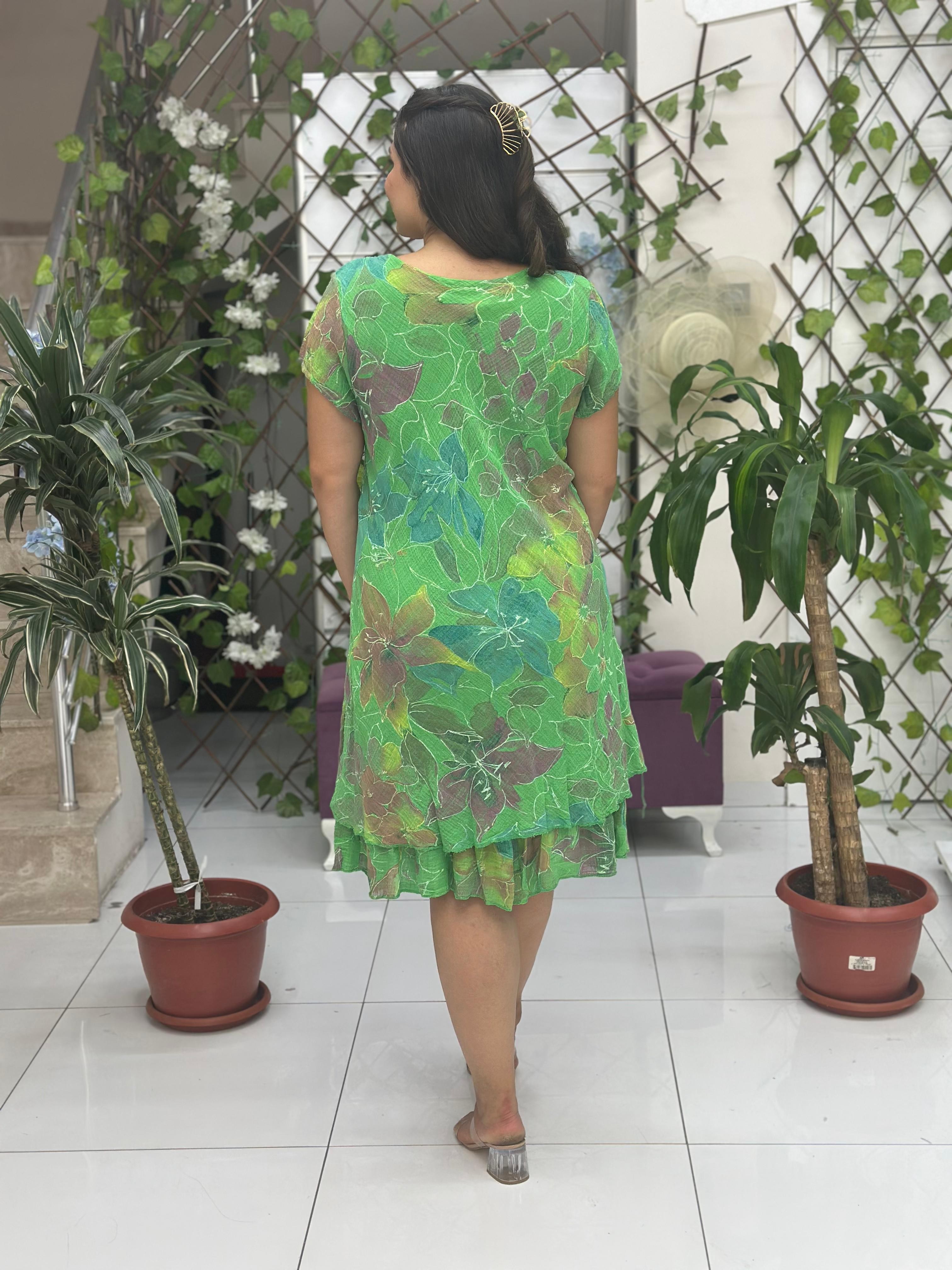 N5012-26 Vestido Italiano Manga Corta Algodón Lino Azul